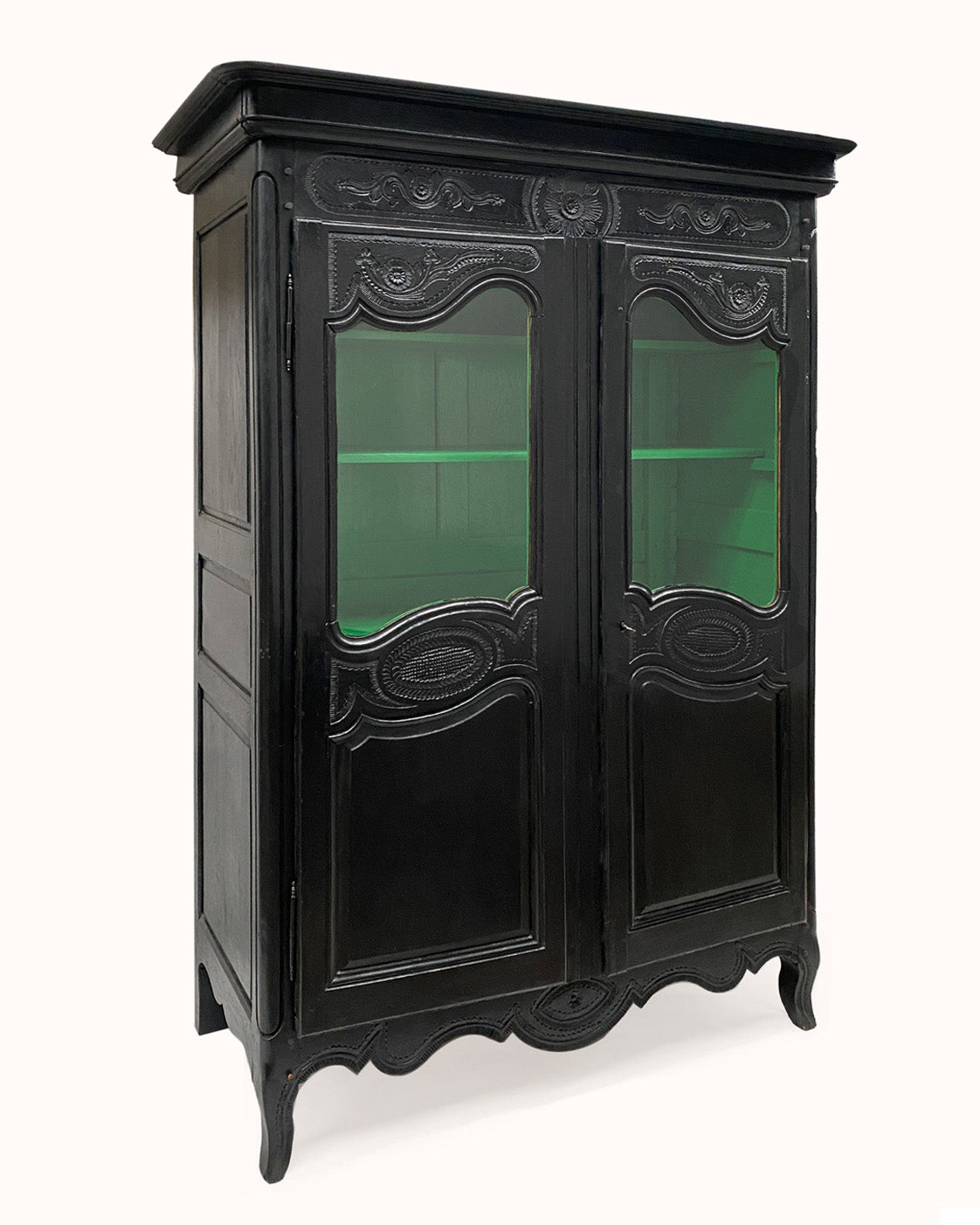 19th C Black Vitrine Marriage Armoire