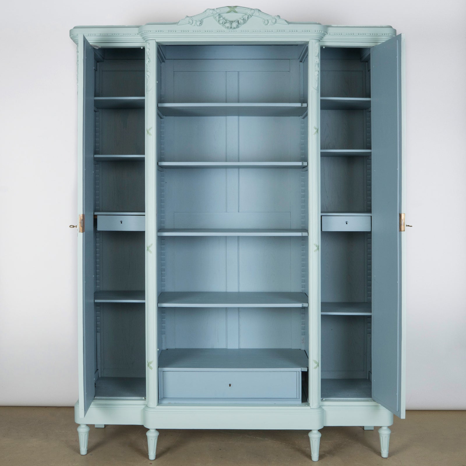 Louis XVI Style Painted Triple Door Mirror Armoire