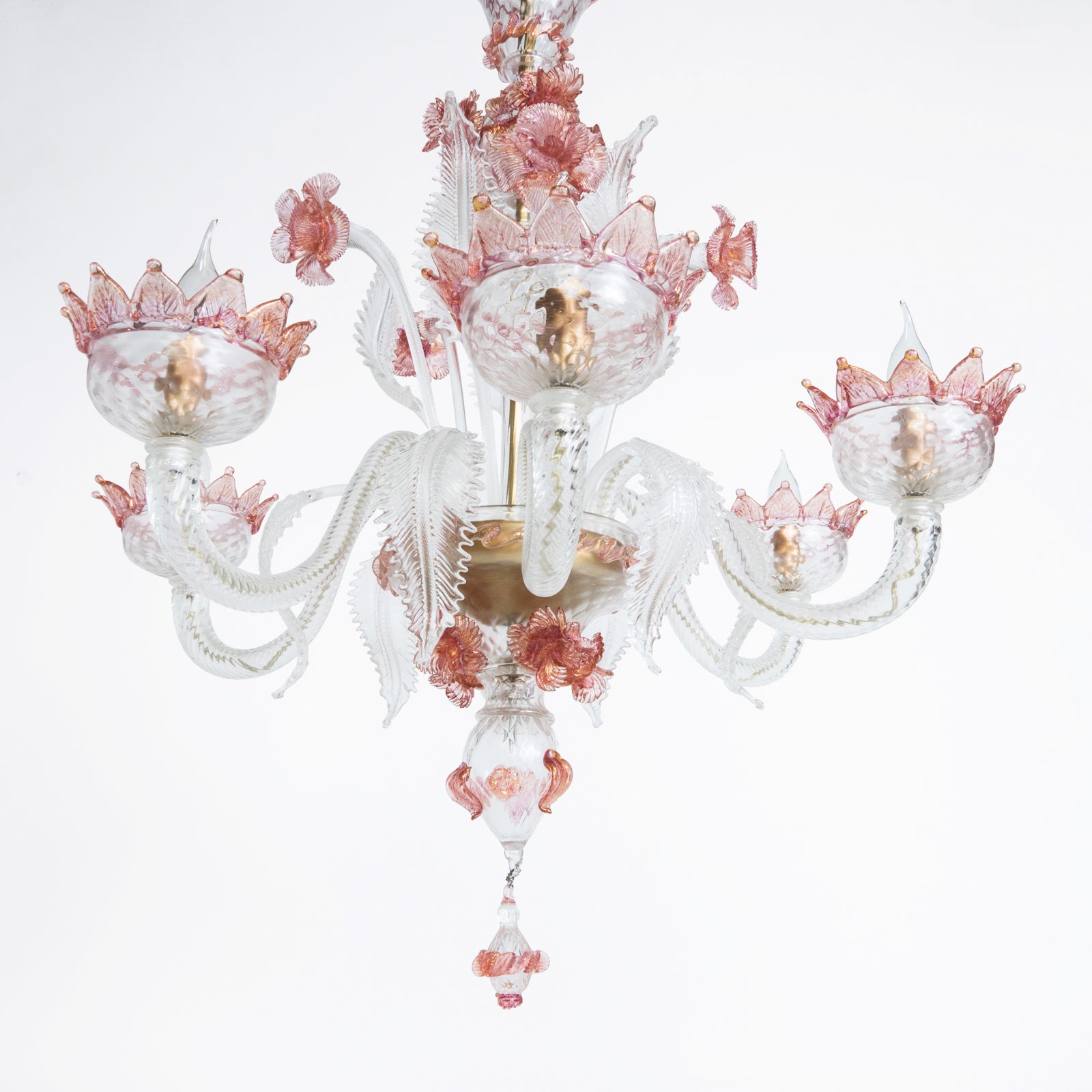 Close-up of a vintage Venetian Murano Glass 6-light chandelier with white glass and pink floral details, featuring intricate craftsmanship, available at Wildschut Antiques