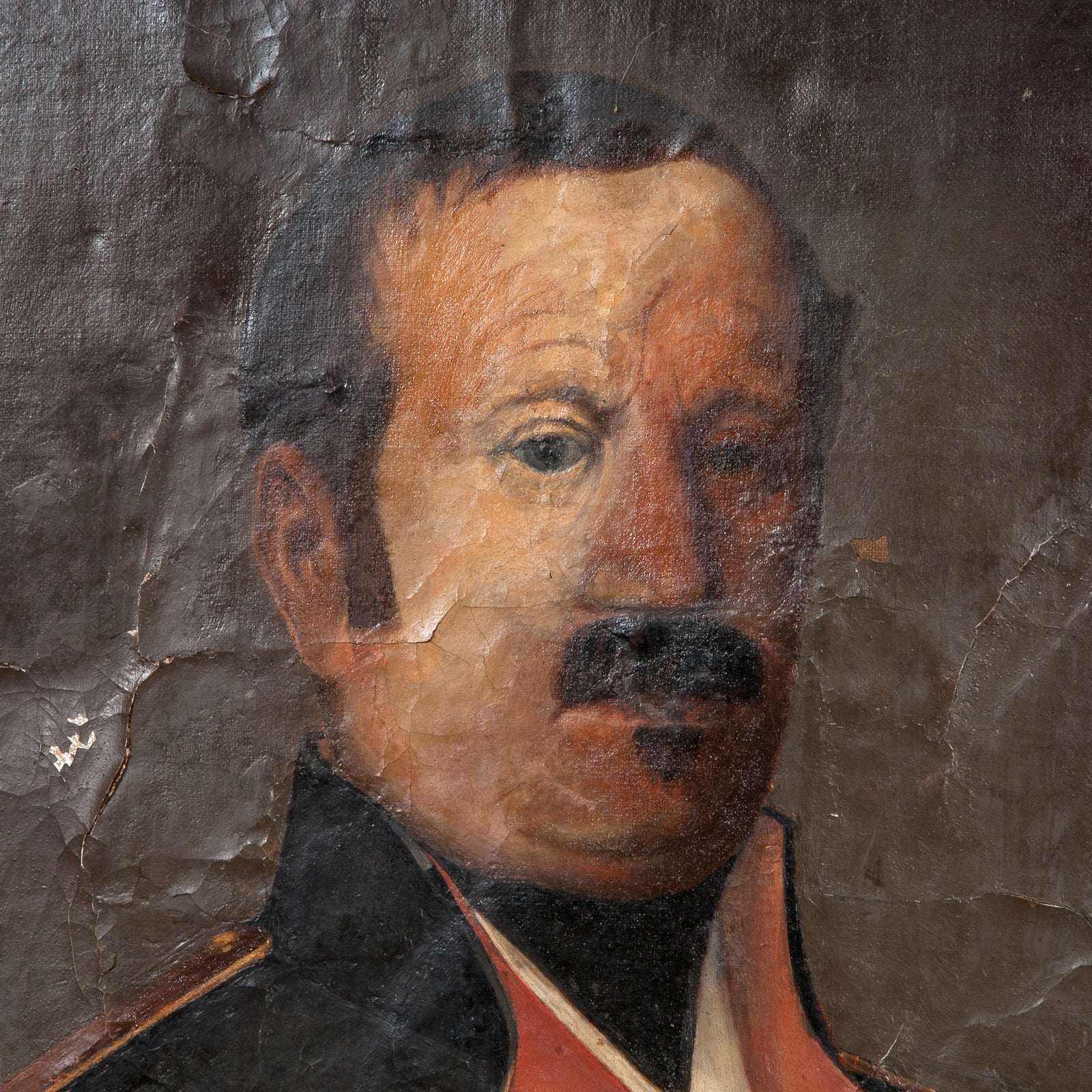 Close-up of a 19th C Portrait of a French Military Man wearing a dark blue jacket with a red lapel, signed by Eug. Leycuf, oil on canvas