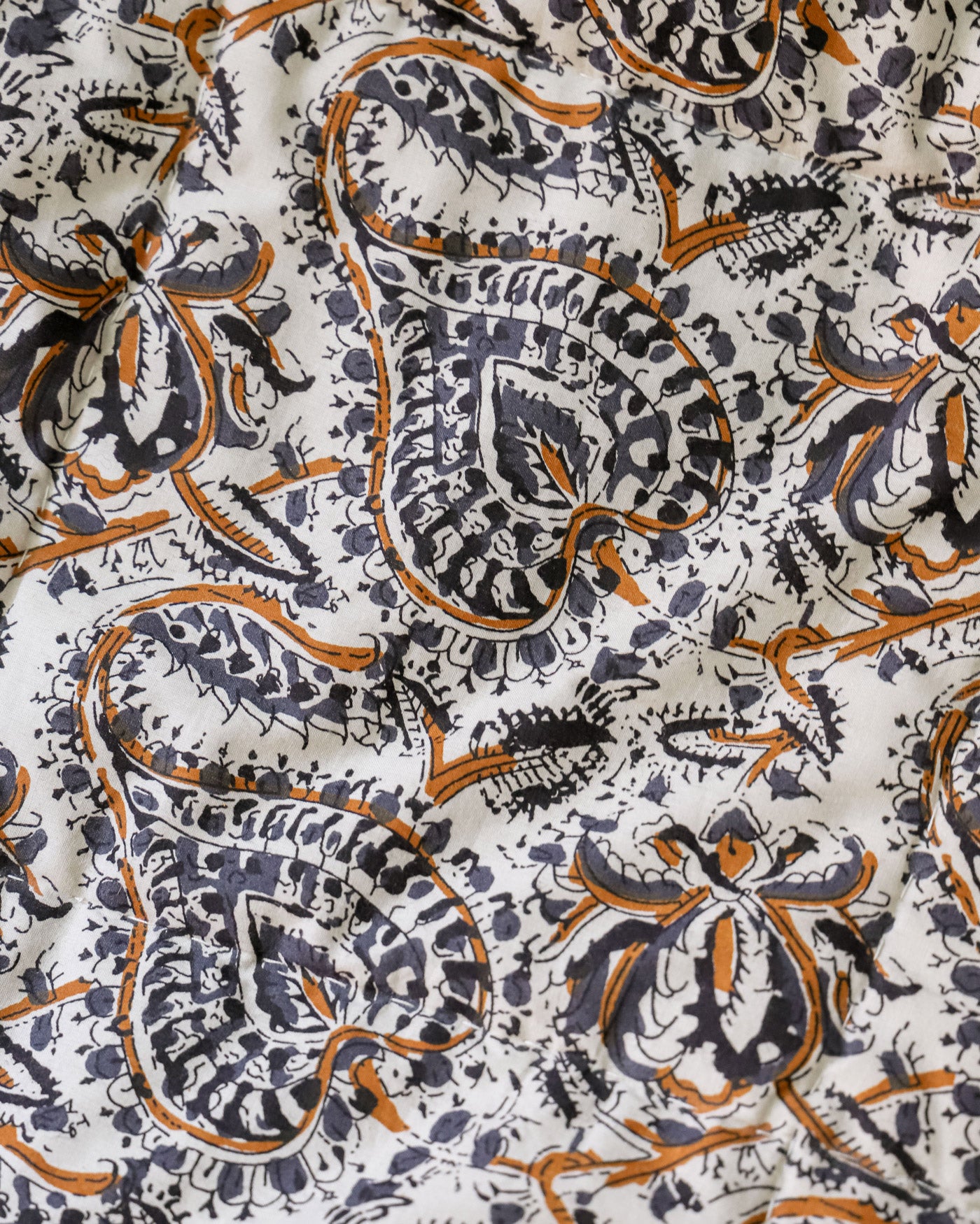 Paisley pattern on cotton in black, grey blue and yellow