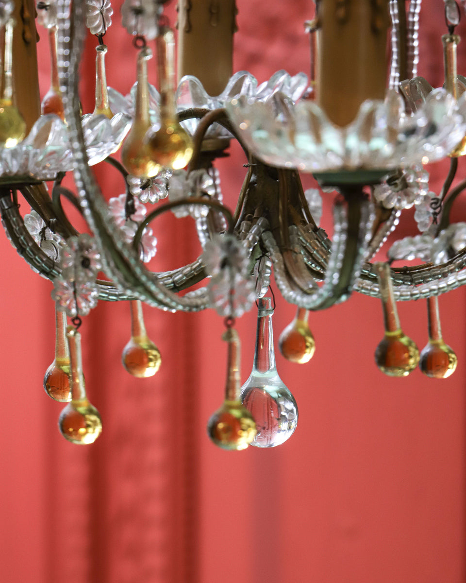 Small Crystal Beaded Yellow Italian Petite Chandelier Fixture