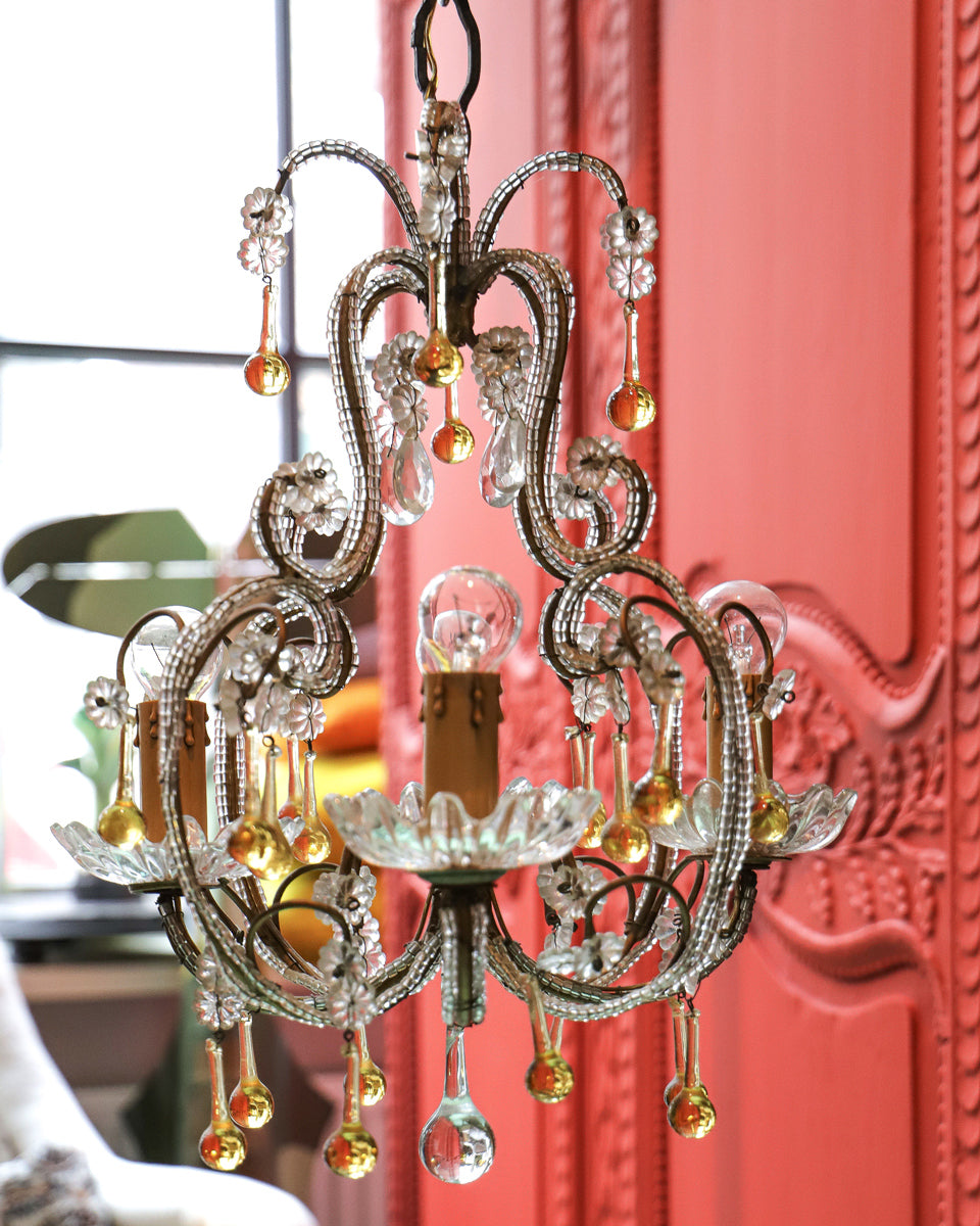 Small Crystal Beaded Yellow Italian Petite Chandelier Fixture