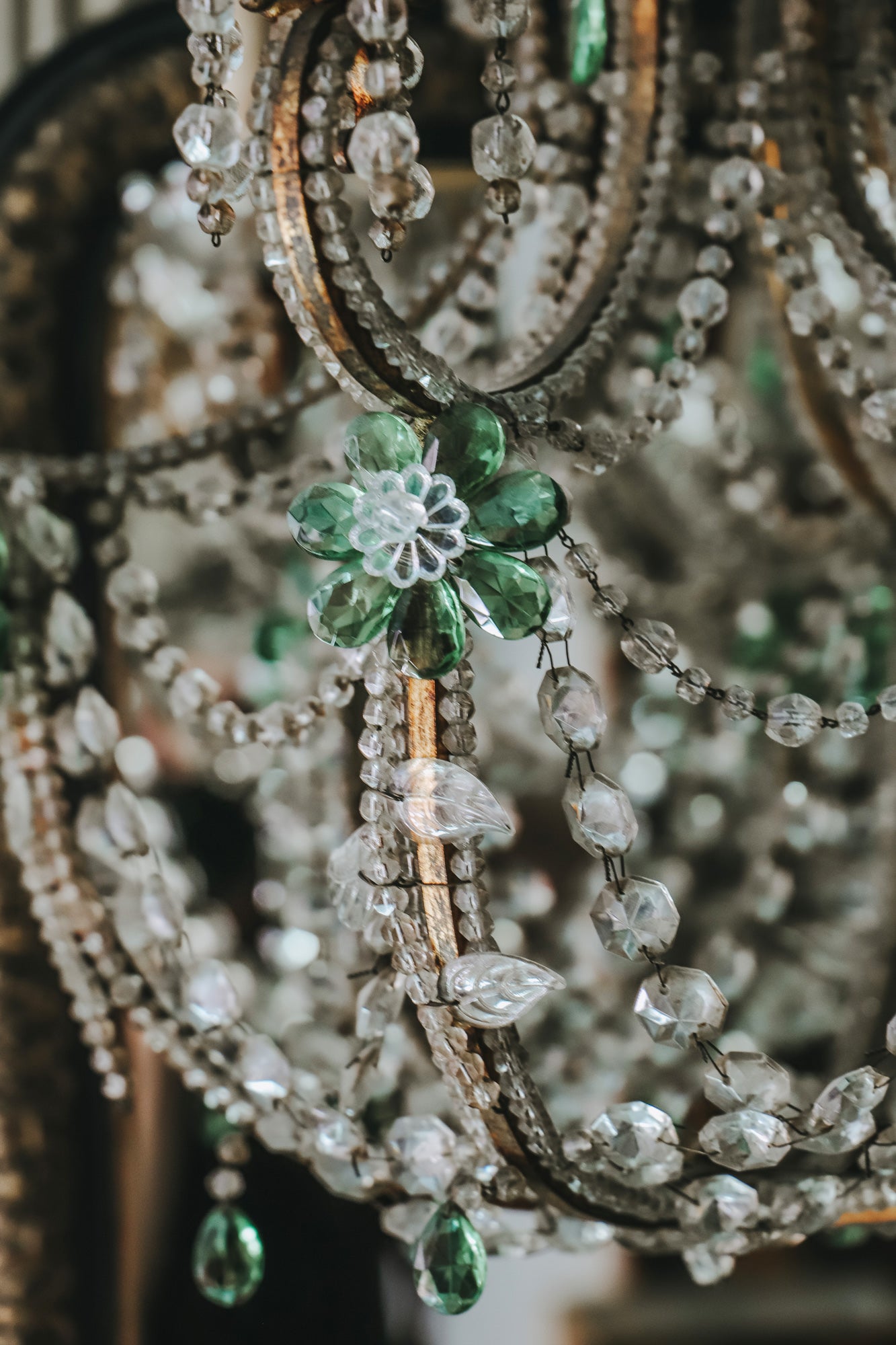 Italian Crystal Beaded Chandelier Fixture with Green Flowers