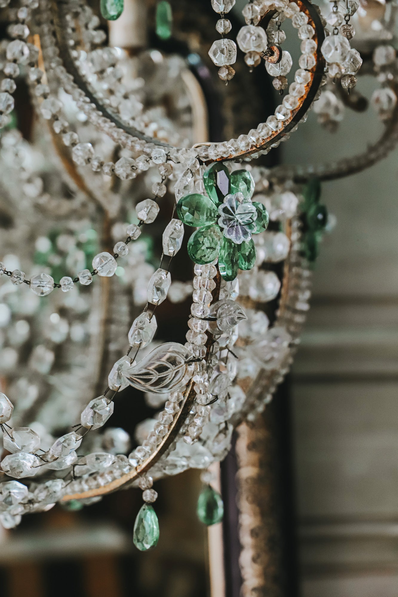 Italian Crystal Beaded Chandelier Fixture with Green Flowers