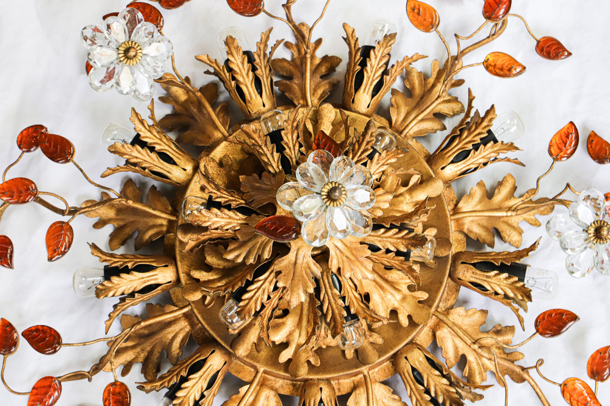 Flush Mount Maison Baguès Crystal & Gilt Iron Ceiling 15 Lights