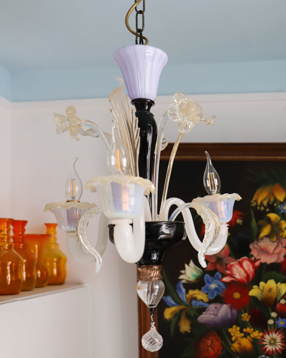 Small Venetian Handblown Lilac and Pearl Murano Chandelier