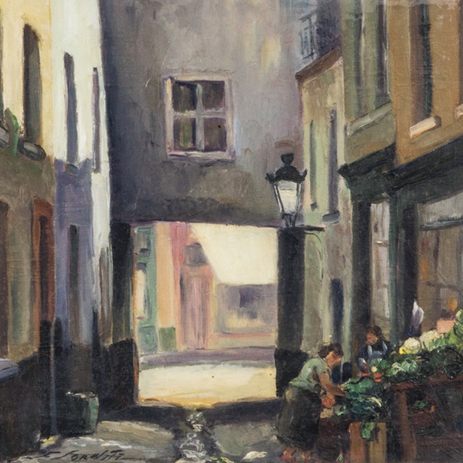 Detail of a vintage oil painting depicting a narrow street in Brussels with houses and a small grocery stand, signed by F. Jorwitz