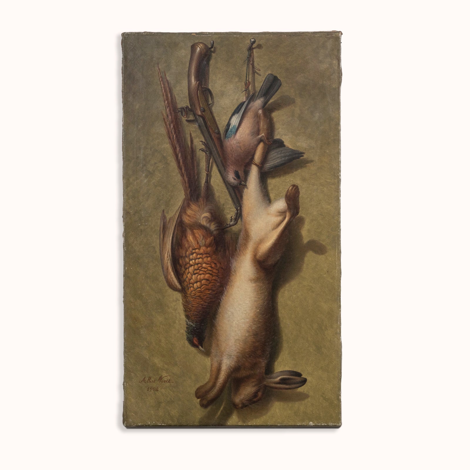 An antique French oil painting depicting a hunting still life scene with a rabbit and birds, available at Wildschut Antiques