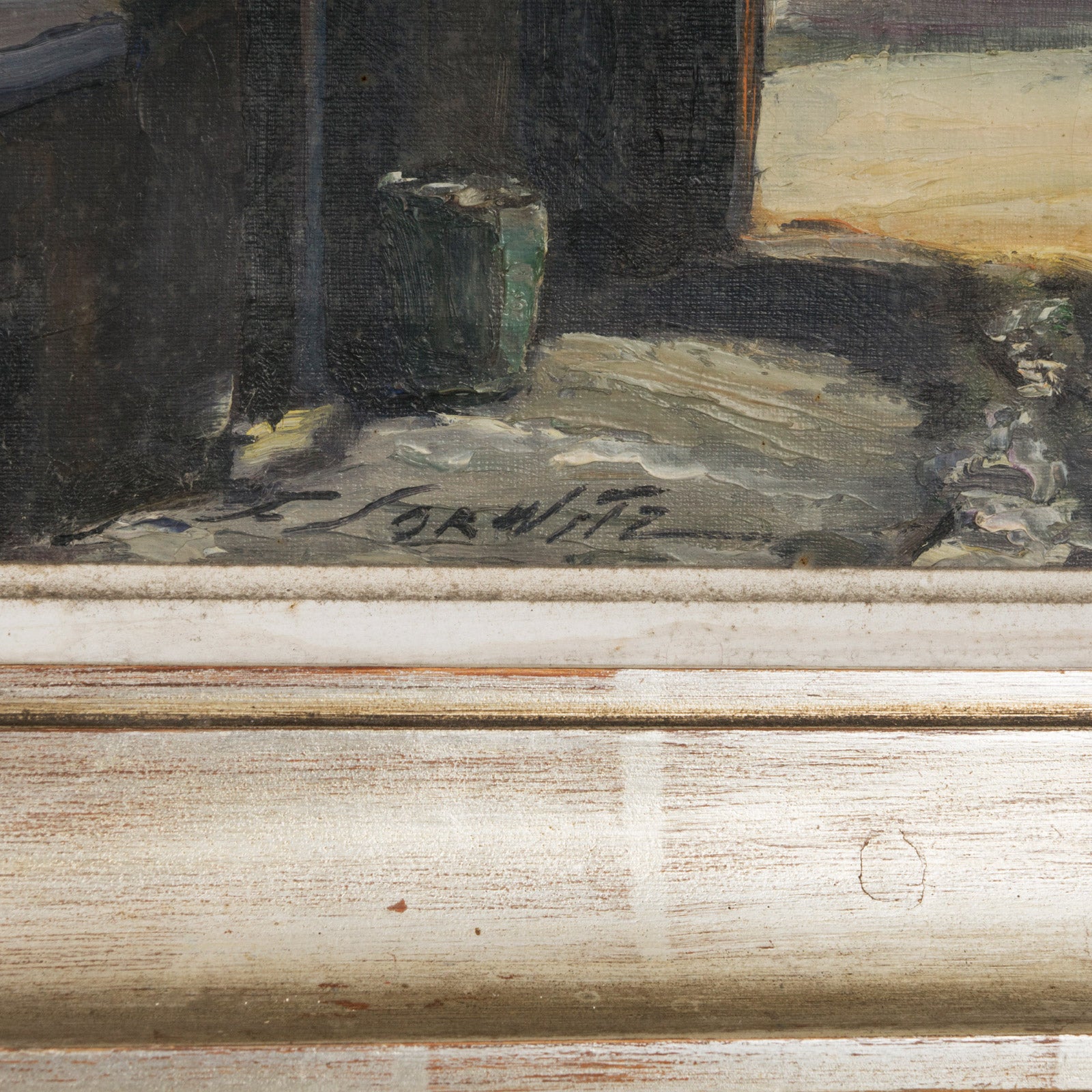 Detail of a vintage oil painting depicting a narrow street in Brussels with houses and a small grocery stand, signed by F. Jorwitz and encased in a 1950s-60s style frame