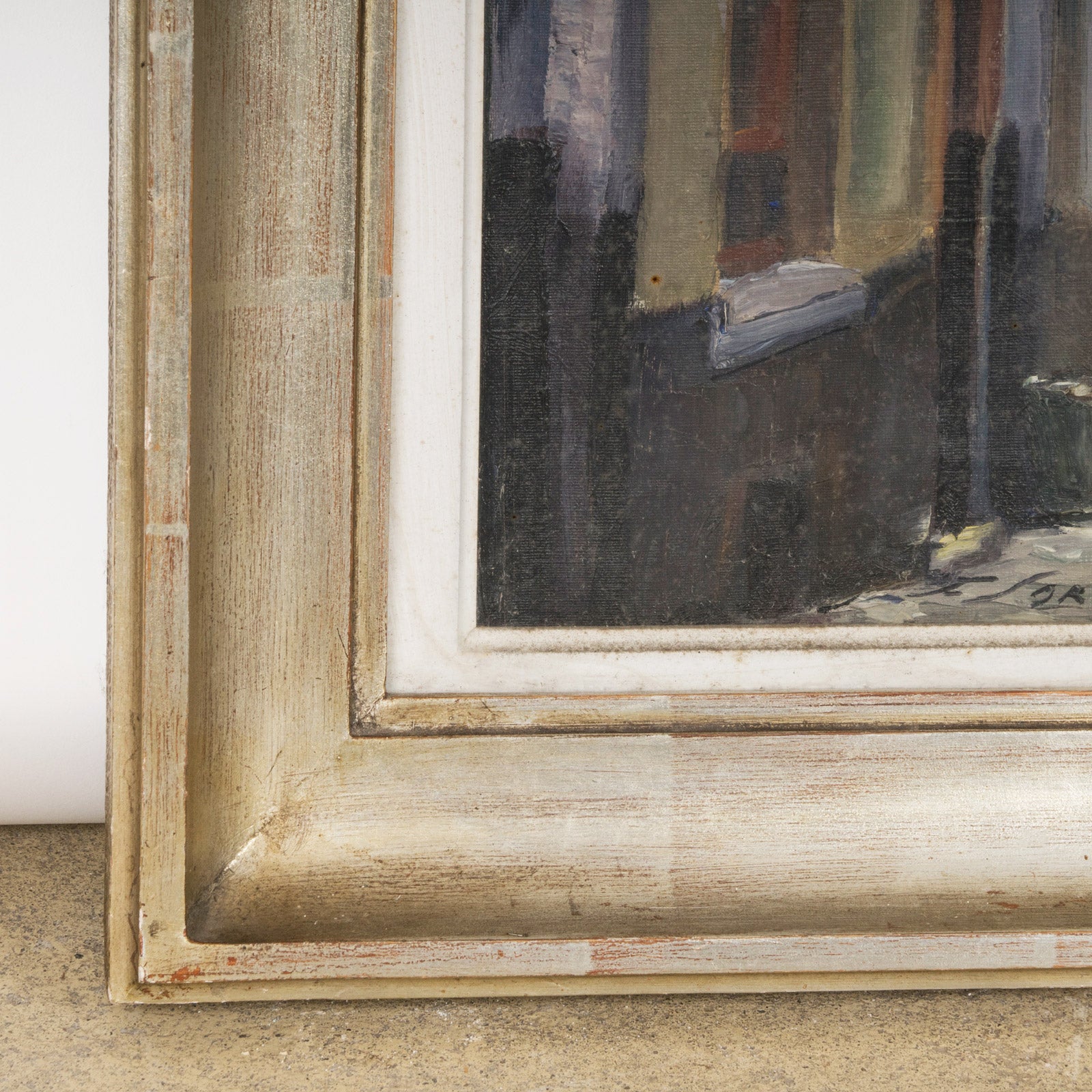 Detail of a vintage oil painting encased in a 1950s-60s style frame
