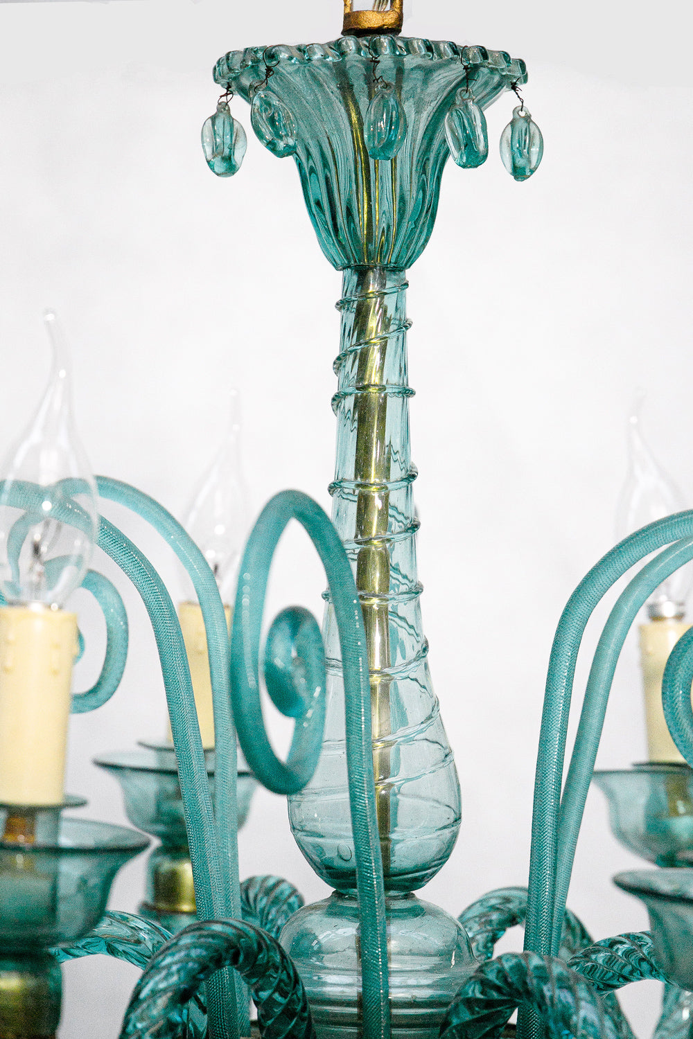 Rare 19th Century Spanish Petrol-Colored Glass Chandelier with 6 Lights