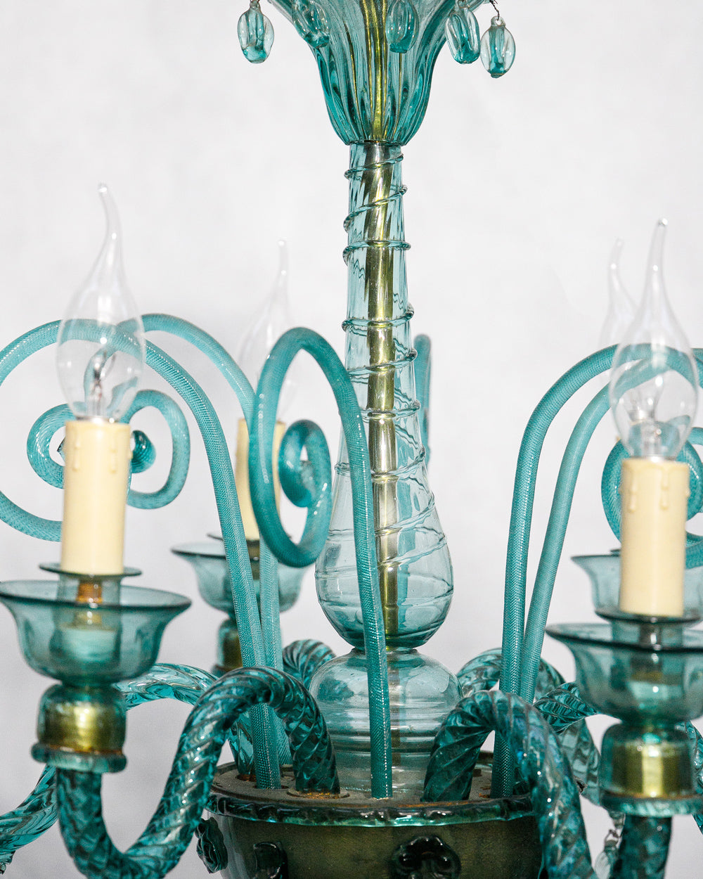 Rare 19th Century Spanish Petrol-Colored Glass Chandelier with 6 Lights