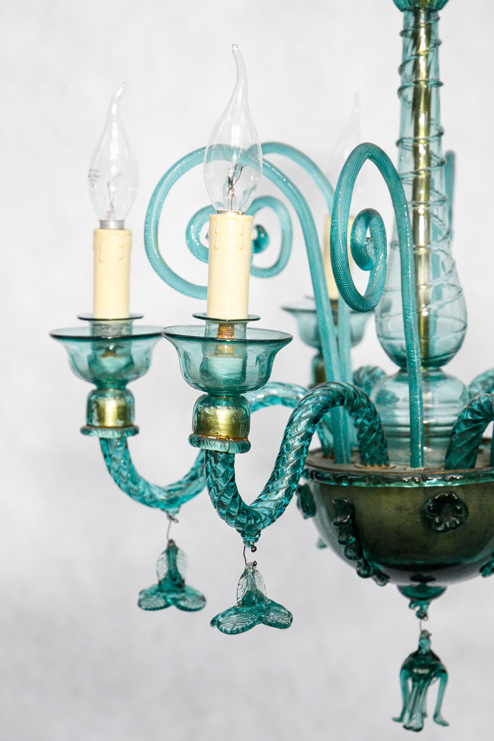 Rare 19th Century Spanish Petrol-Colored Glass Chandelier with 6 Lights