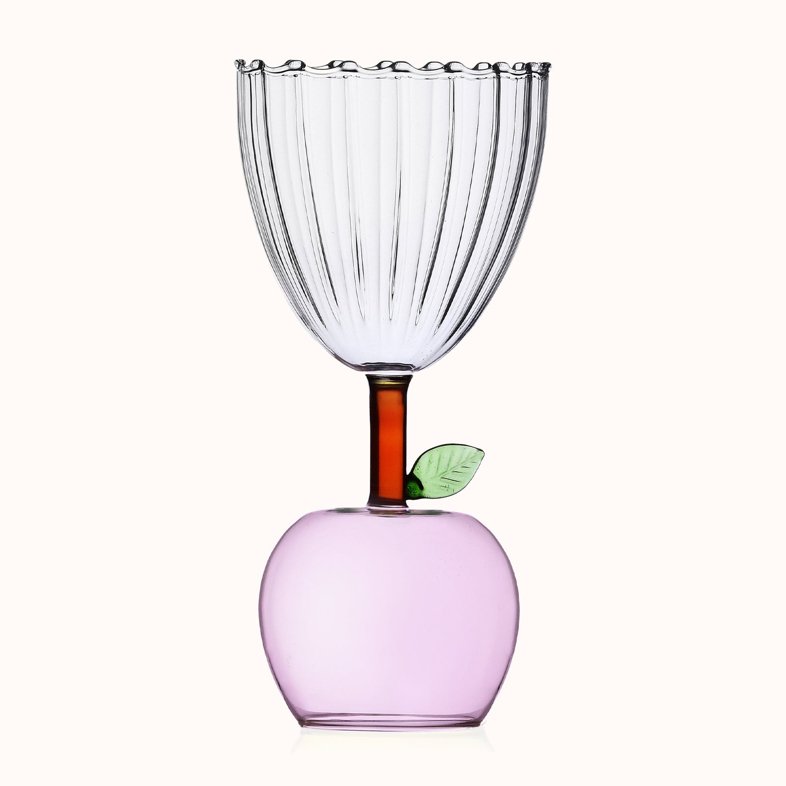 A pink apple-shaped wine glass with a stem, part of Ichendorf Milano's Fruit and Flower collection, available at Wildschut Antiques