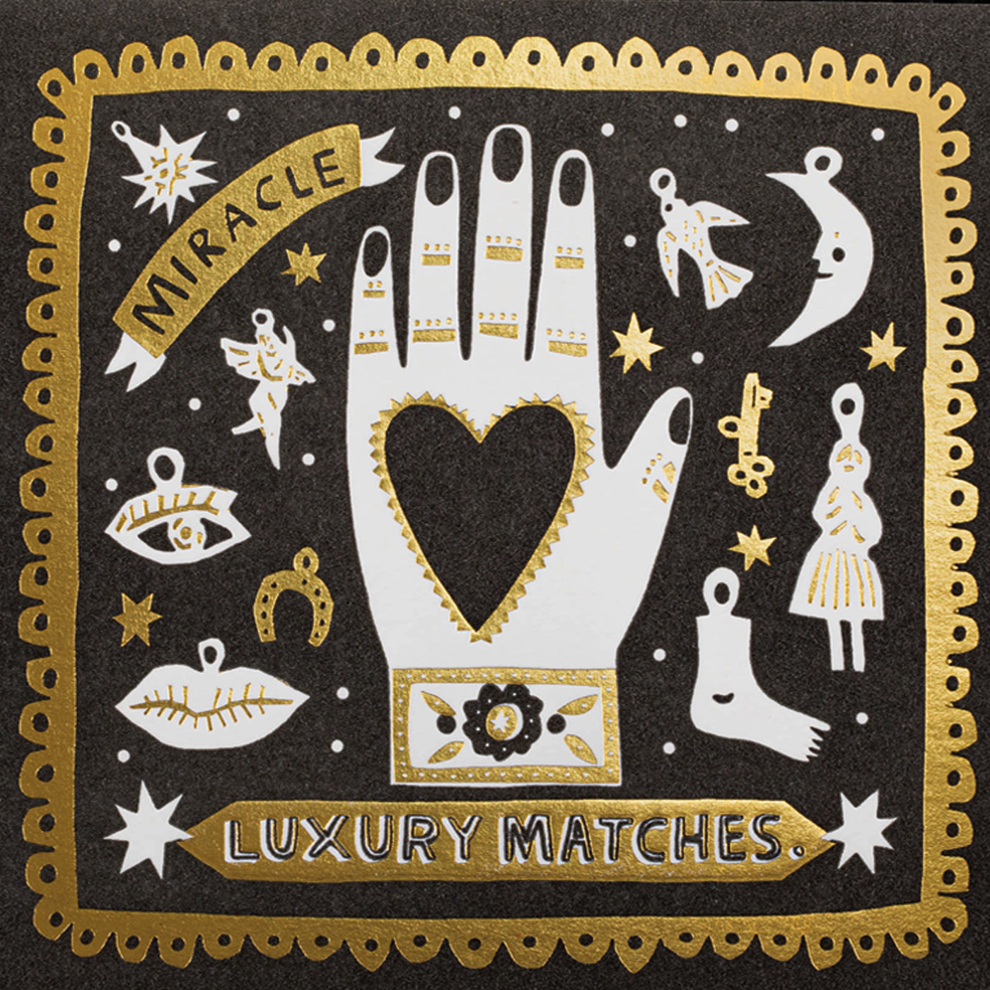 Decorative matchbox with hand design, symbols, and 'Miracle Luxury Matches' text on a black background. Design by Archivist Gallery, available at Wildschut Antiques.