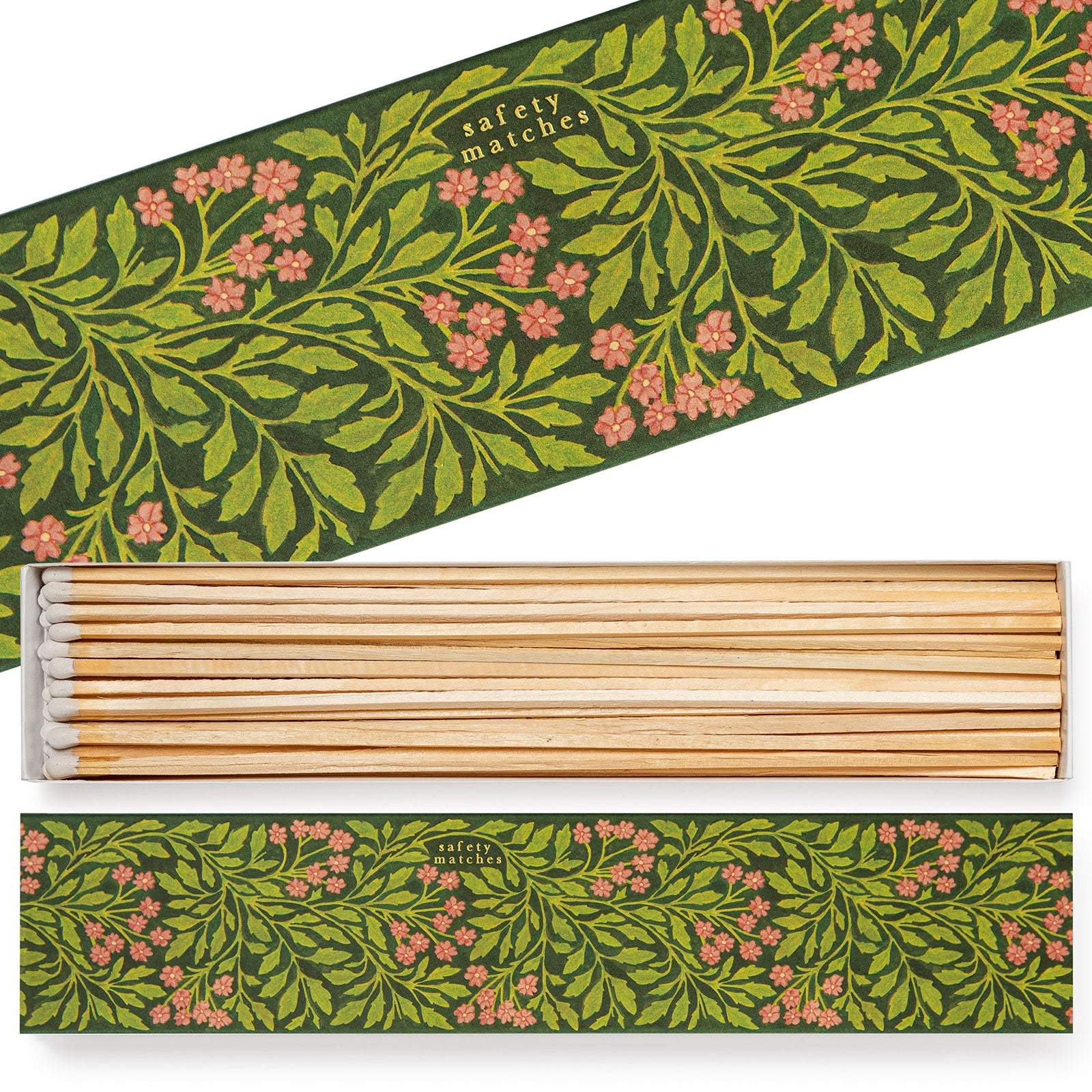 Safety matches with decorative green cover featuring floral pattern. Design by Archivist Gallery, available at Wildschut Antiques.