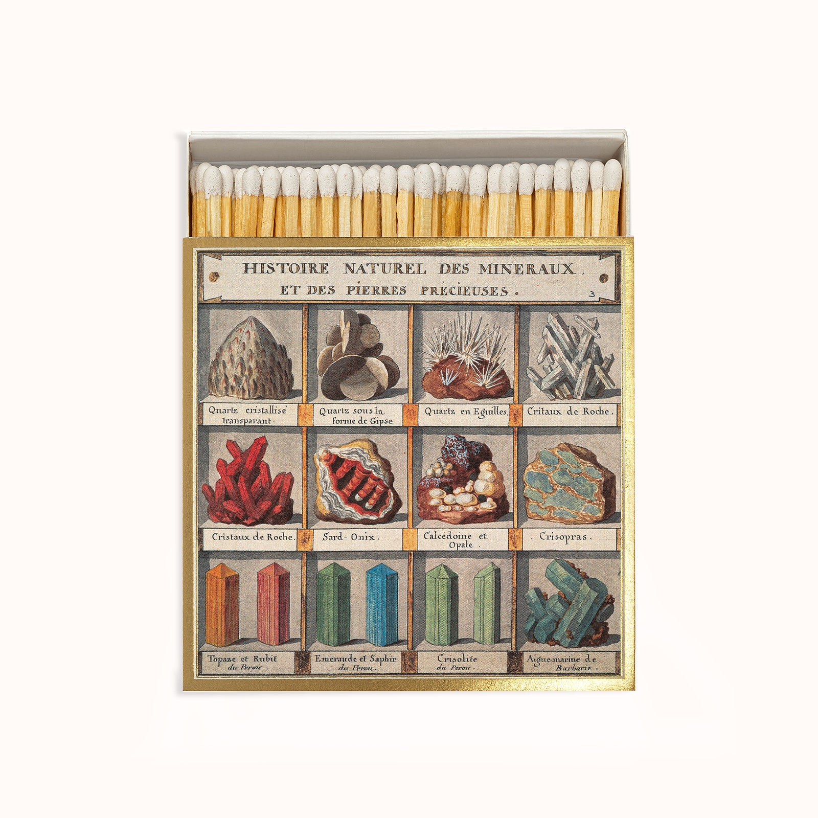 A matchbox with a display of various mineral specimens and their names in both English and French, indicating a collaboration with the Natural History Museum. Part of the Archivist Gallery Collection, available at Wildschut Antiques.