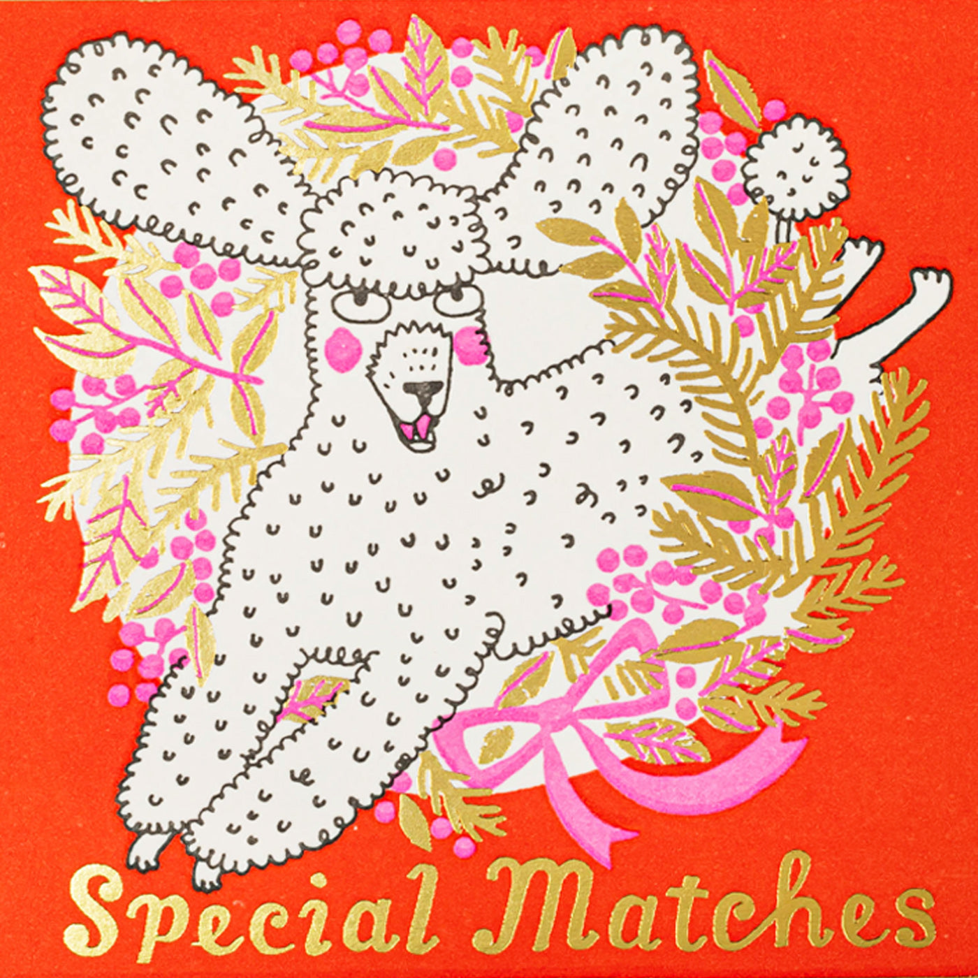 Illustration of a poodle with floral elements on a red background, labeled 'Special Matches'. Matches box with a dog illustration and 'Simply Superior Fireside Matches' text on a pink background. A design by the Archivist Gallery.