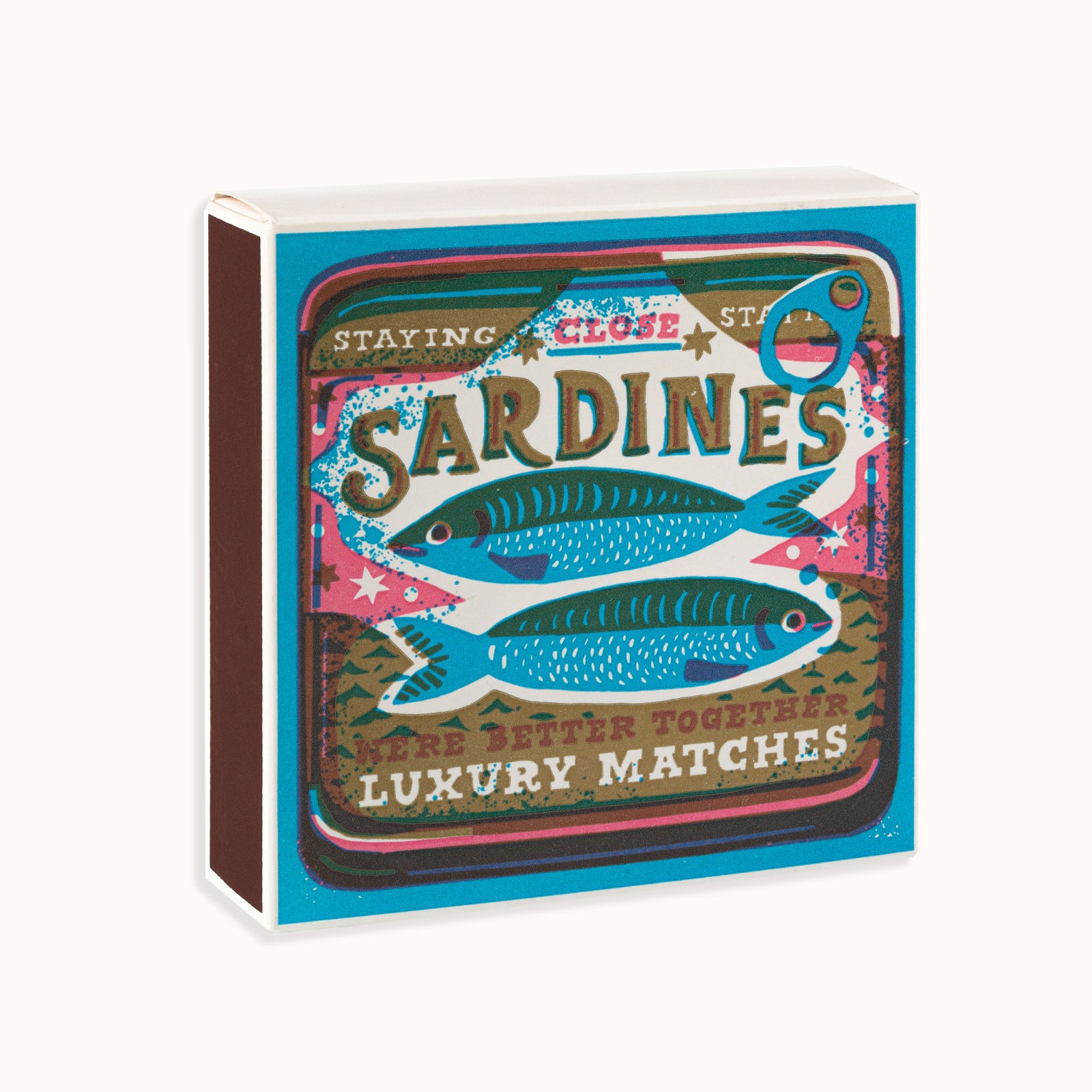 A box of Archivist Gallery luxury matches with a colorful sardine design, available at Wildschut Antiques