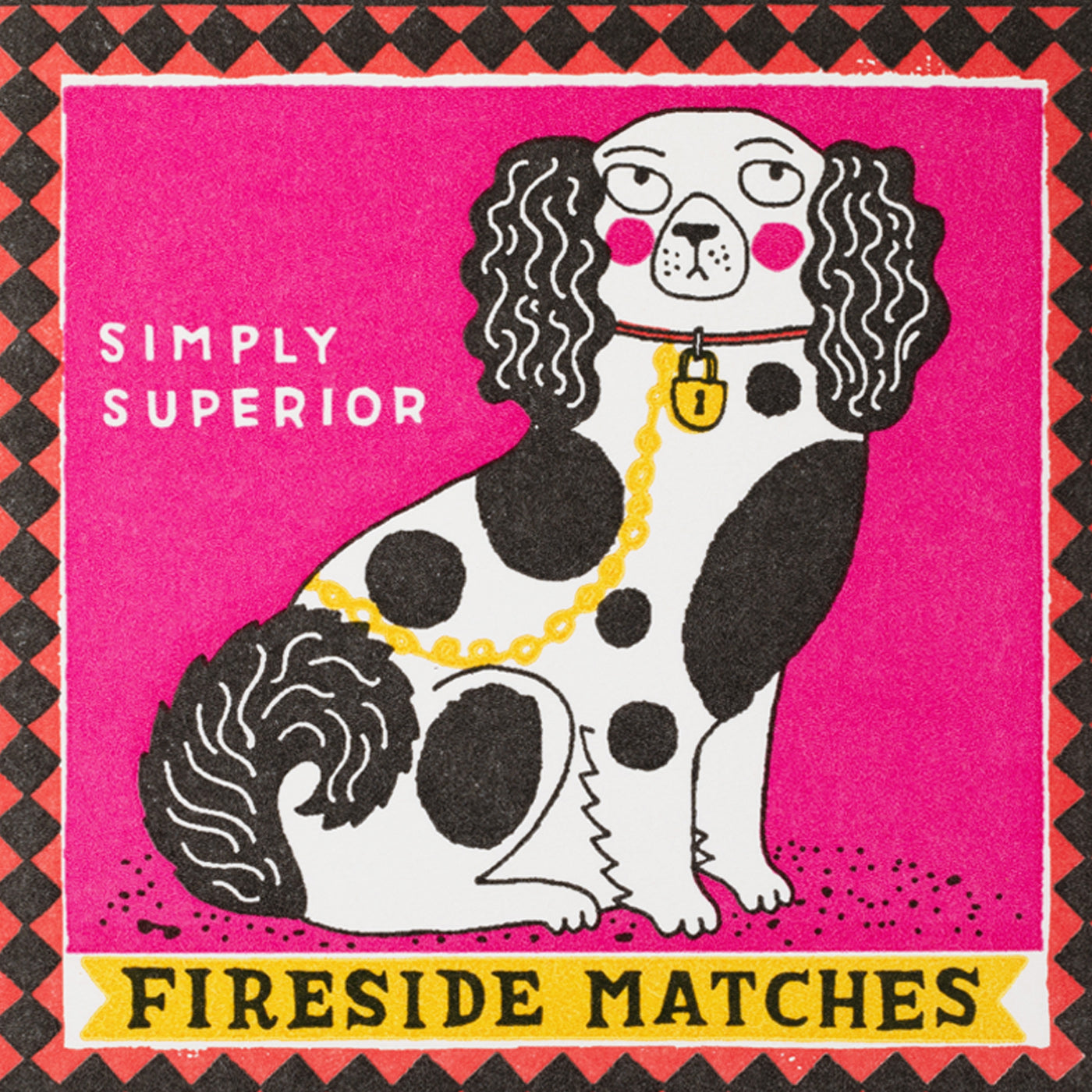Matches box with a dog illustration and 'Simply Superior Fireside Matches' text on a pink background. A design by the Archivist Gallery.