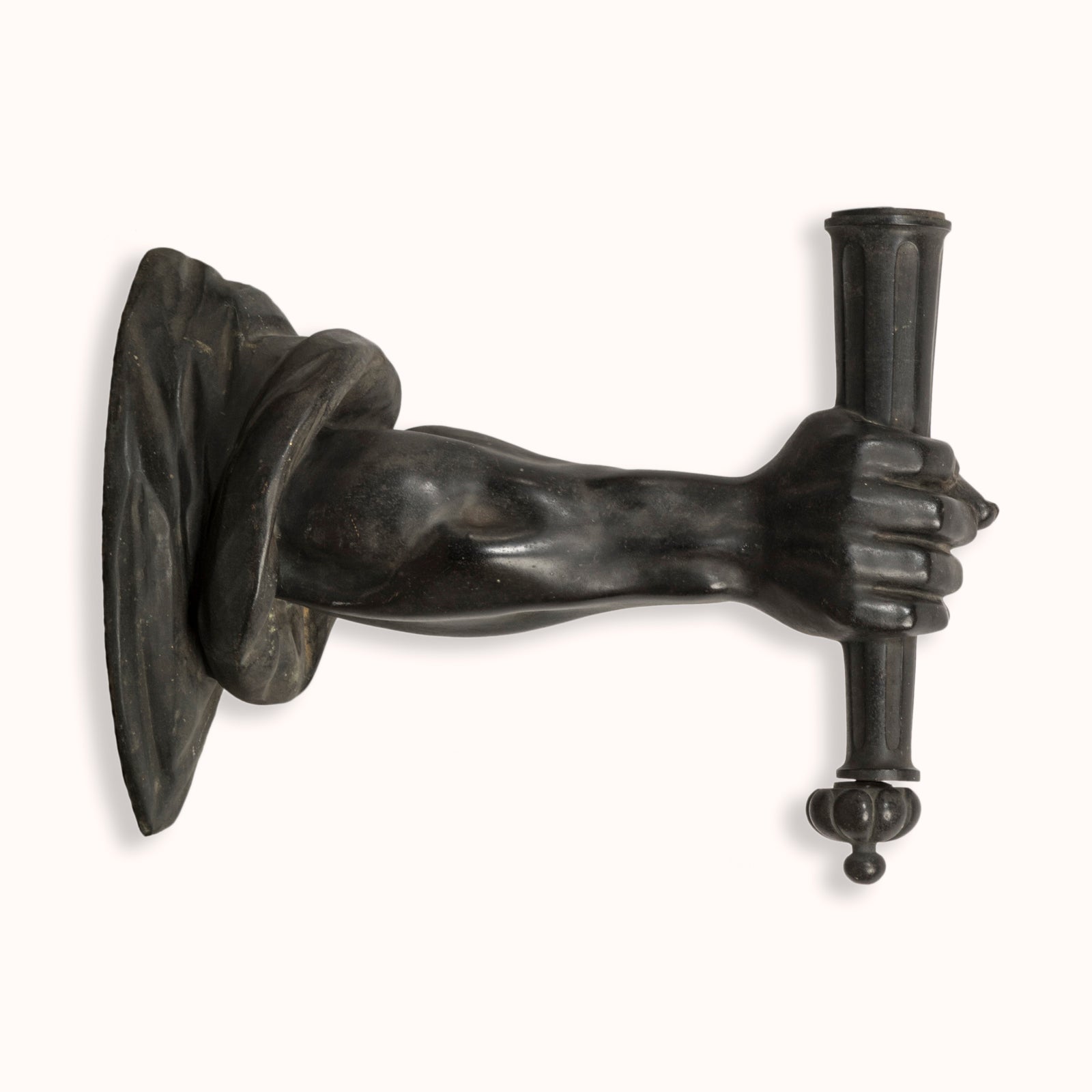 Heavy antique French iron wall bracket, finely cast as an outstretched arm holding a torch, shown against a clean background.