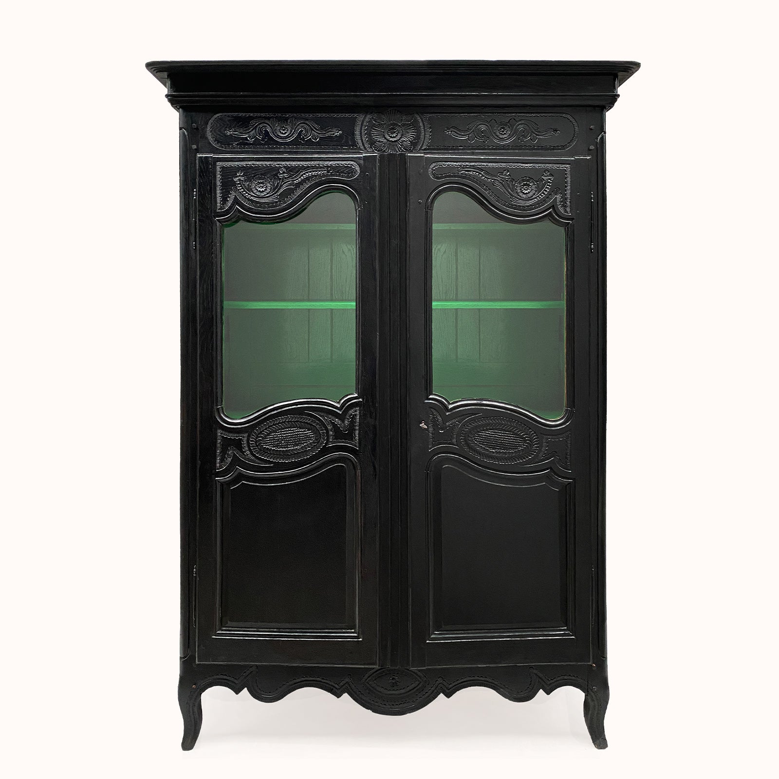 19th C Black Vitrine Marriage Armoire