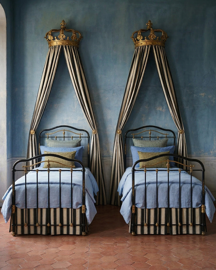 Matching Pair of Antique Cast Iron Antique Single Beds in Black and Gold