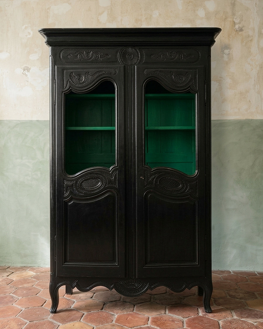 19th C Black Vitrine Marriage Armoire