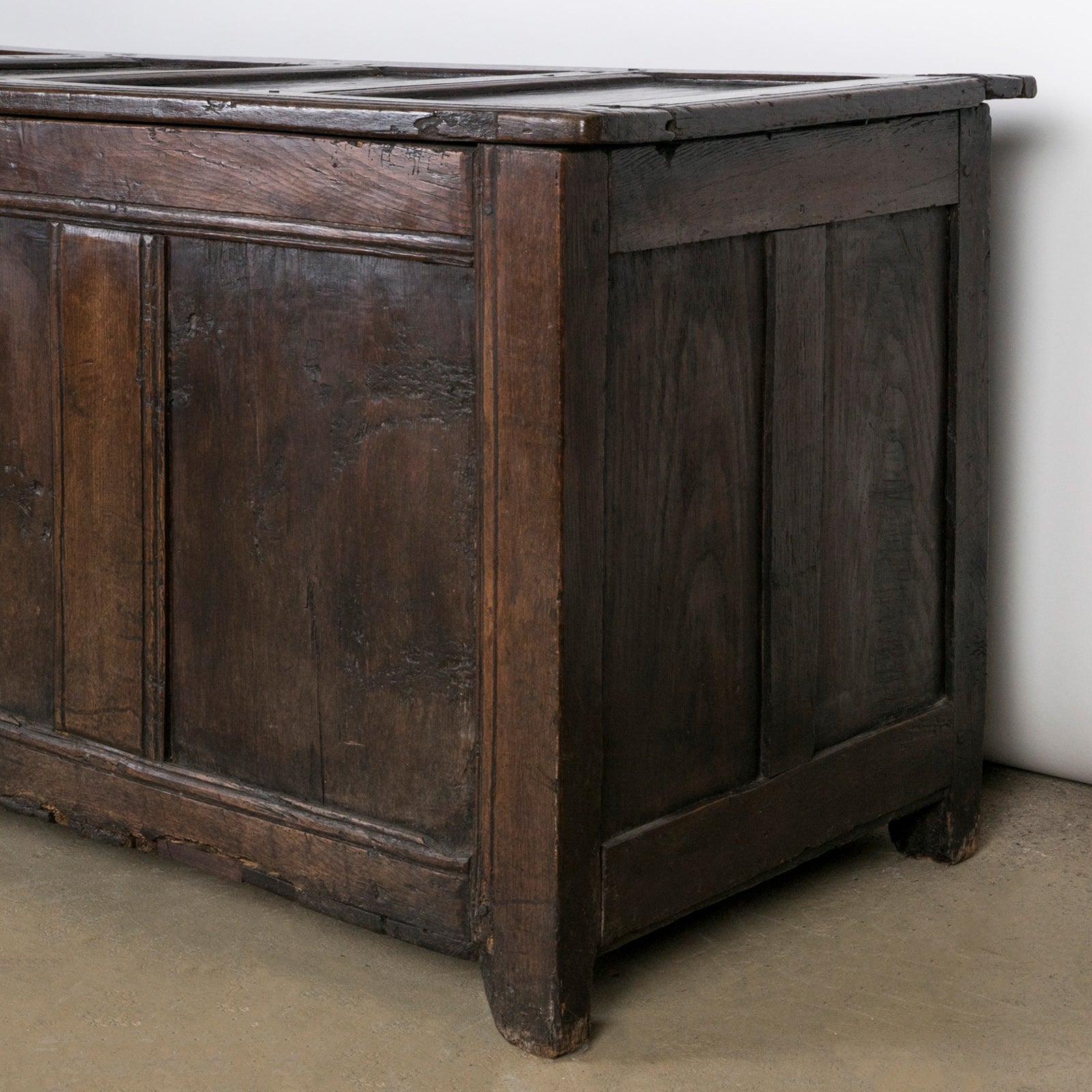Close-up of an antique early 18th-century solid oak chest or coffer, paneled and carved in warm brown tones. Available at Wildschut Antiques.