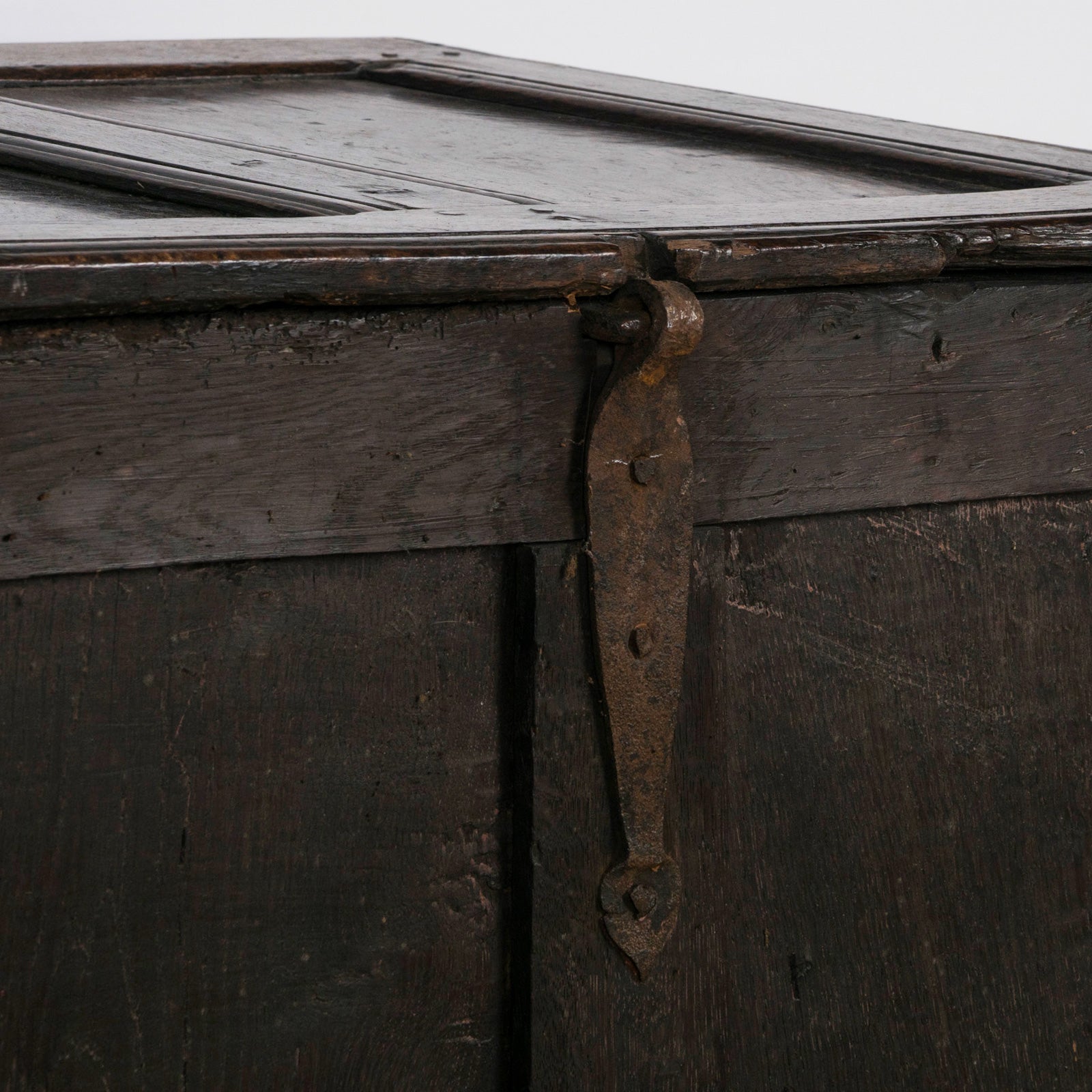 Close-up of one of the hinges of an antique early 18th-century solid oak chest or coffer, paneled and carved in warm brown tones.