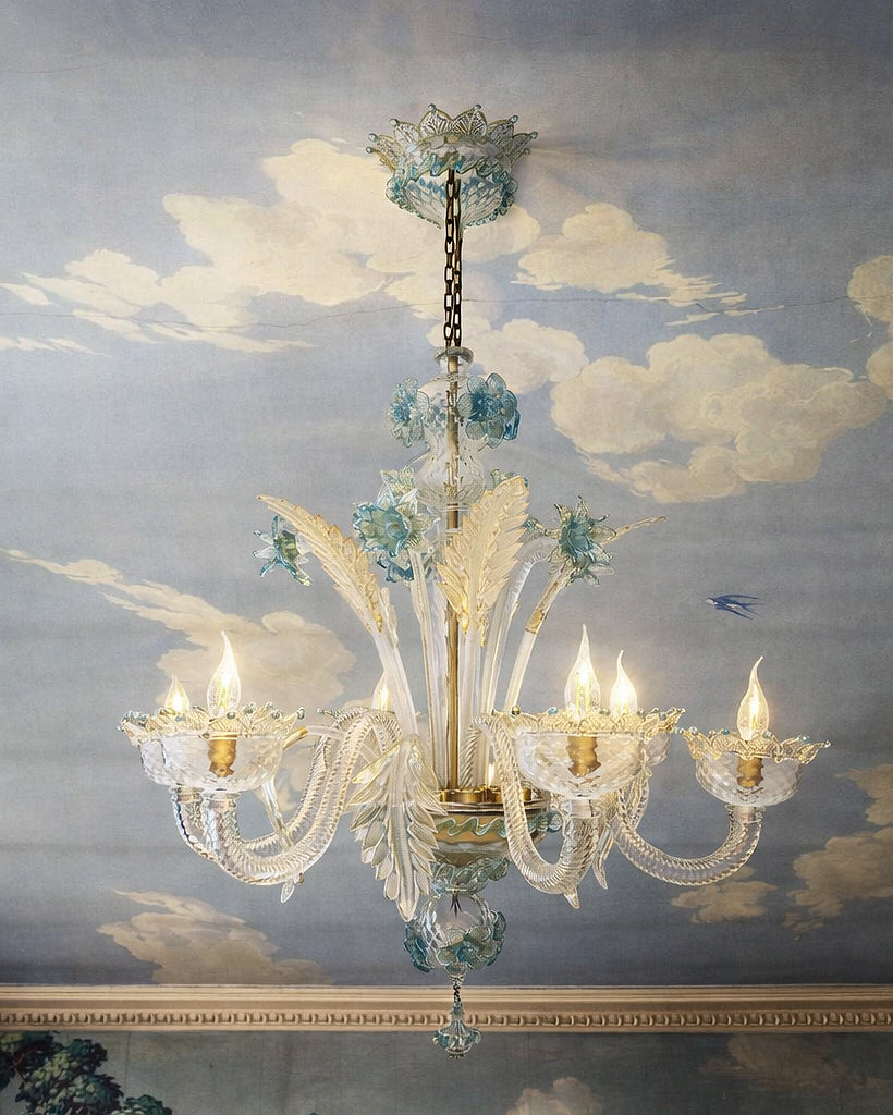 Venetian Murano Glass 6-Light Chandelier in White and Blue