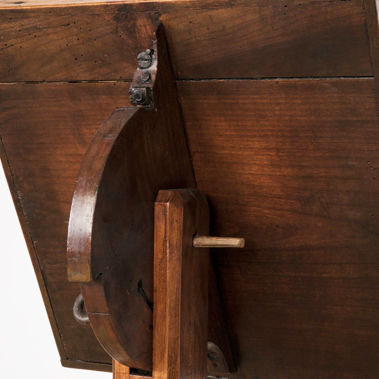 Close-up of an antique wooden reading stand or book stand with an adjustable top