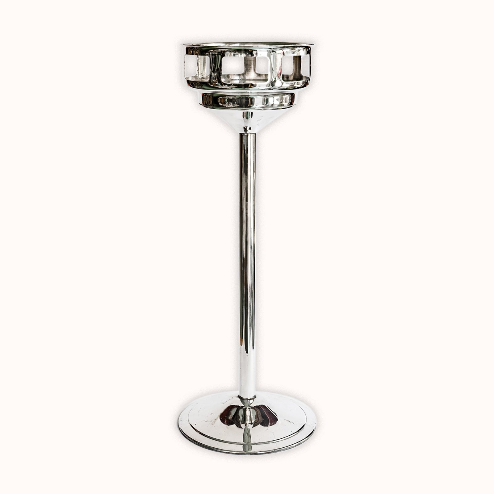 Silver plated champagne cooler stand by Chrisotel, displayed on a white background, available at Wildschut Antiques.