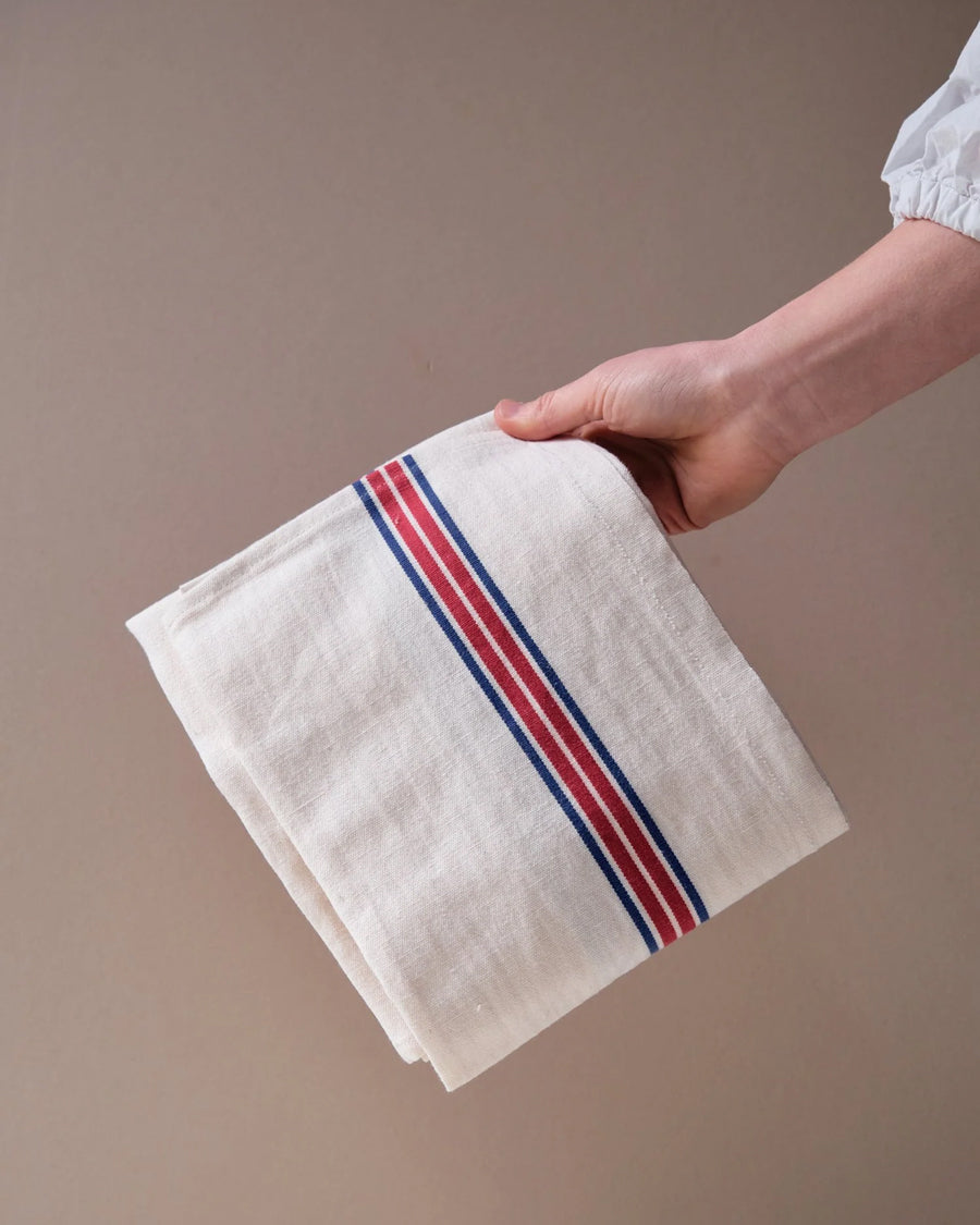 Hand holding a folded towel with red and blue stripes against a plain background. Towel by Charvet Editions available via Wildschut Antiques.