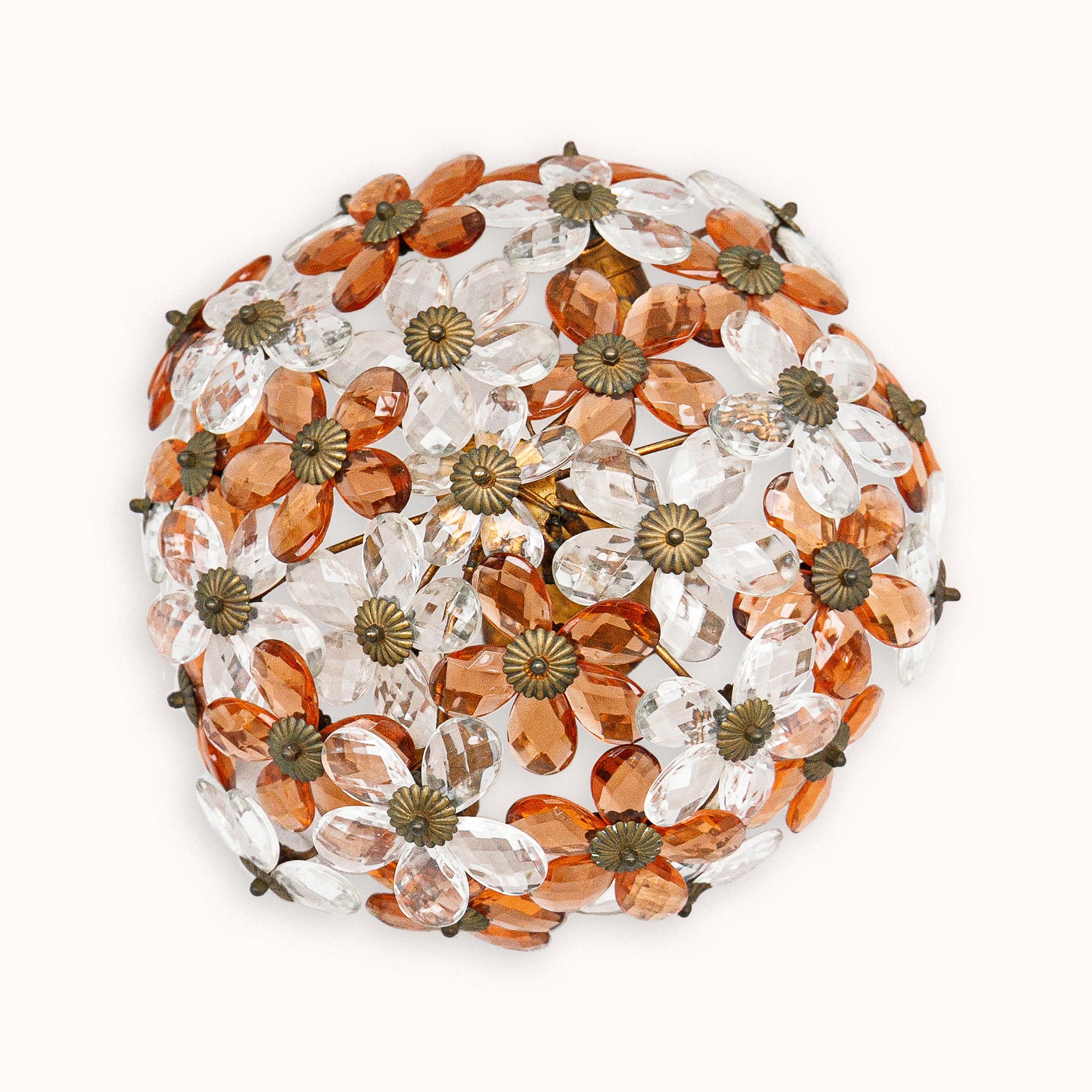 Decorative vintage ceiling light fixture with orange and clear glass flowers available at Wildschut Antiques