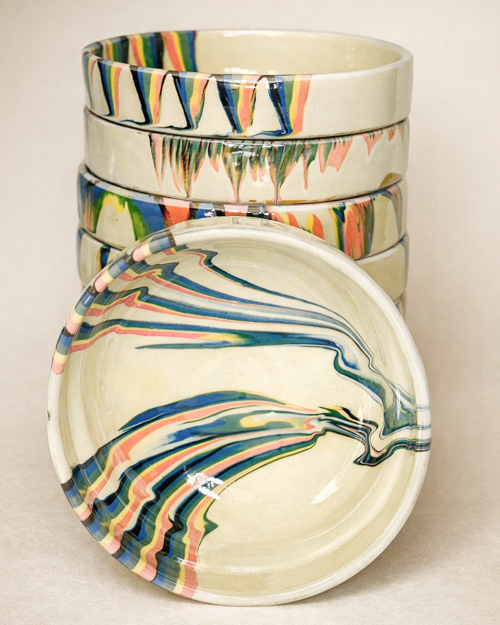 Hand-Painted Marbled Earthenware Bowls | Creme & Rainbow