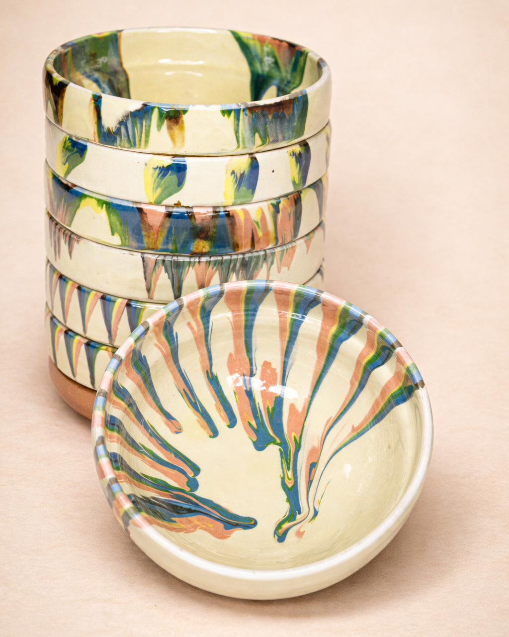 Hand-Painted Marbled Earthenware Bowls | Creme & Rainbow