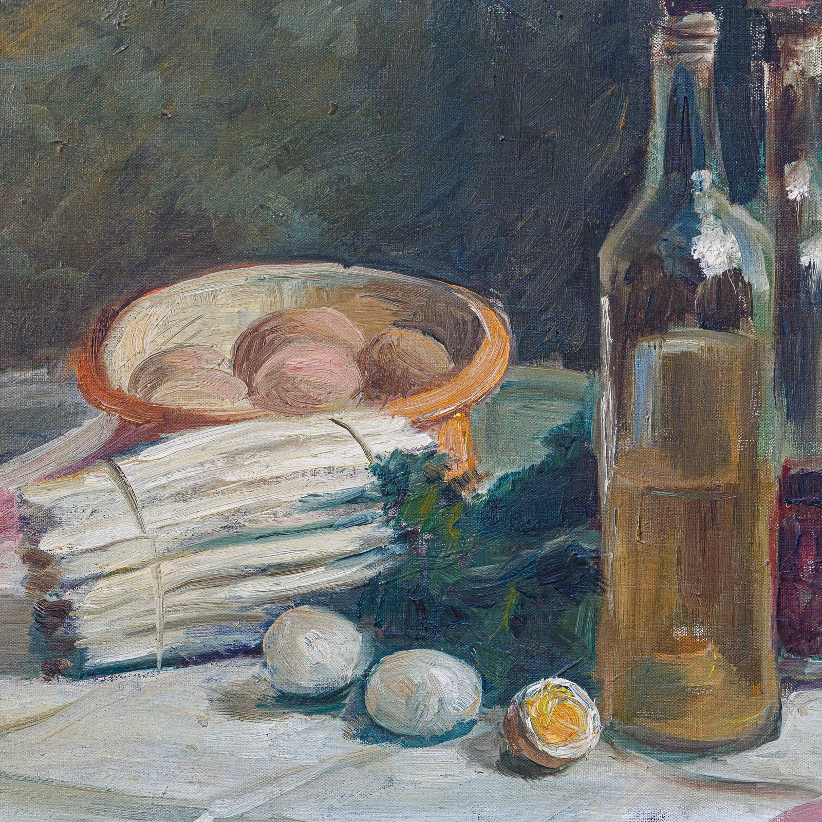 Close-up of a lovely early 20th-century still life painting by Alexandre 'Alex' Denonne (Belgium, 1879–1953), featuring asparagus and eggs with two bottles. Great heavy brushstrokes and texture.