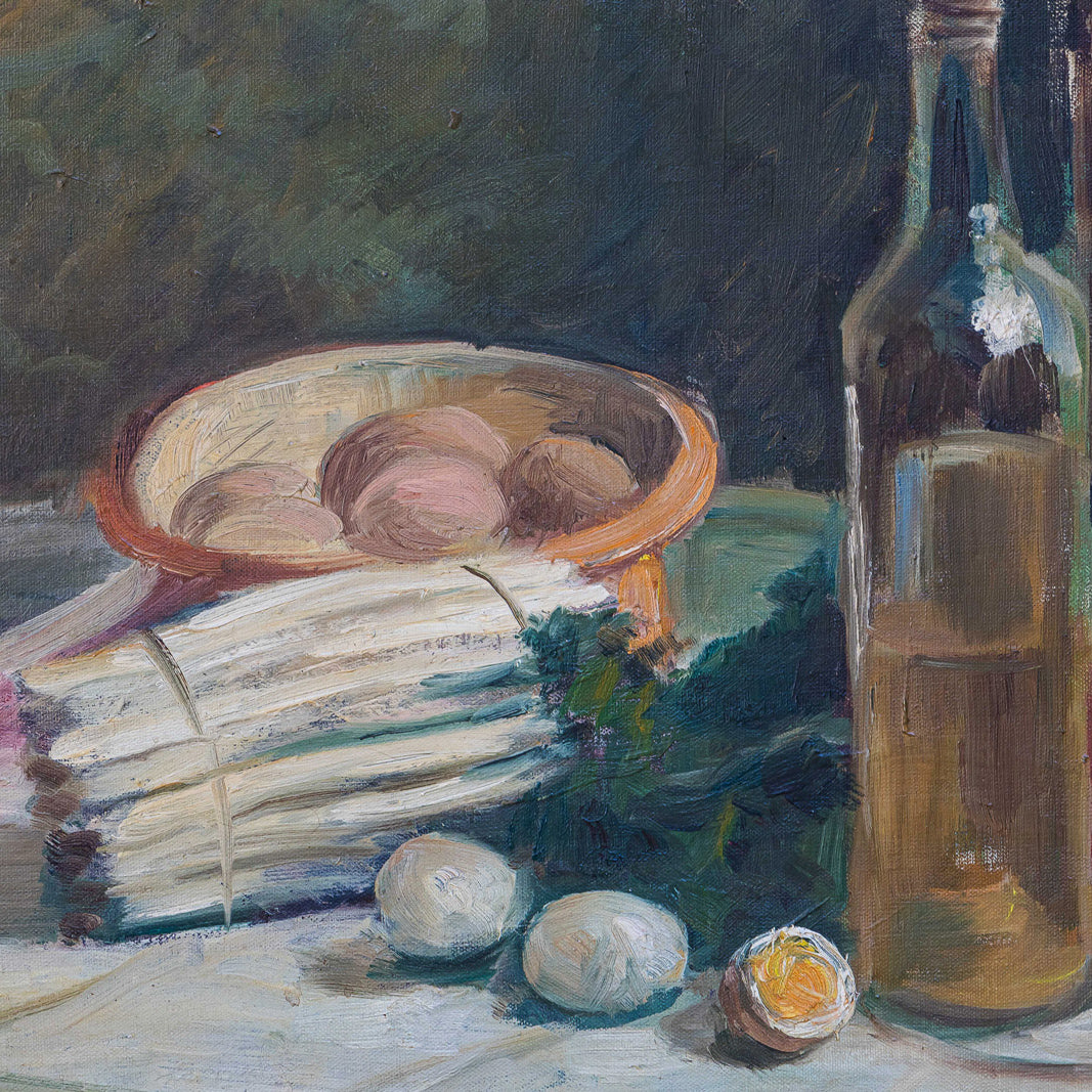 Close-up of a lovely early 20th-century still life painting by Alexandre 'Alex' Denonne (Belgium, 1879–1953), featuring asparagus and eggs with two bottles. Great heavy brushstrokes and texture.