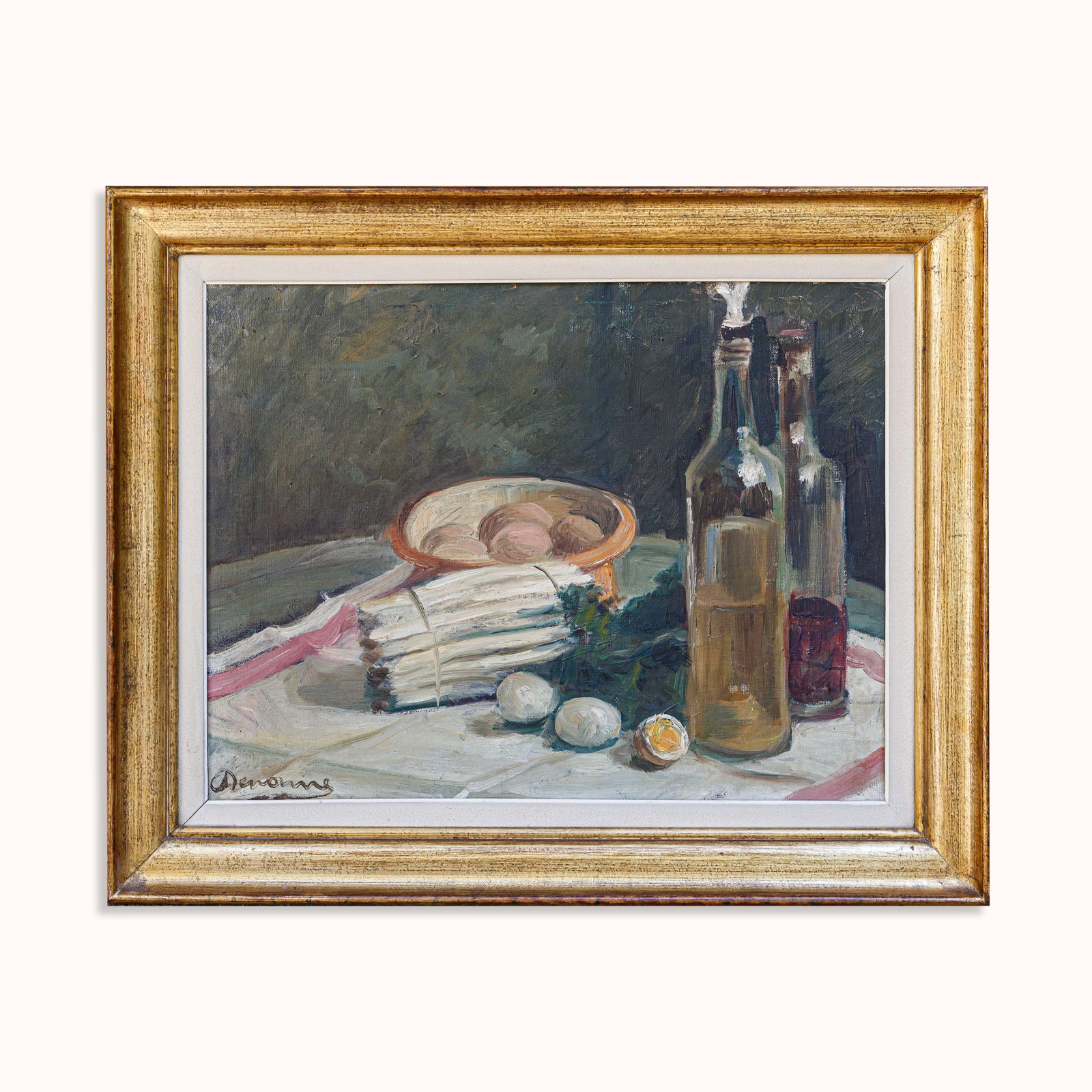Lovely early 20th-century still life painting by Alexandre 'Alex' Denonne (Belgium, 1879–1953), featuring asparagus and eggs with two bottles. Displayed against a clean background. Available at Wildschut Antiques.