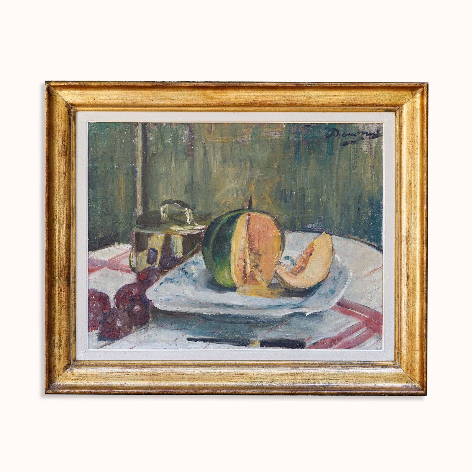 Lovely colorful early 20th-century still life painting by Alexandre 'Alex' Denonne (Belgium, 1879–1953) depicting a sliced melon on a white plate. Displayed against a clean background. Available at Wildschut Antiques.