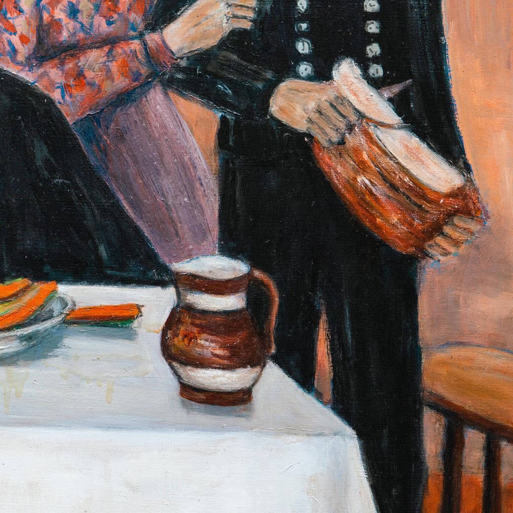 Vintage Naive Dinner Scene Oil Painting