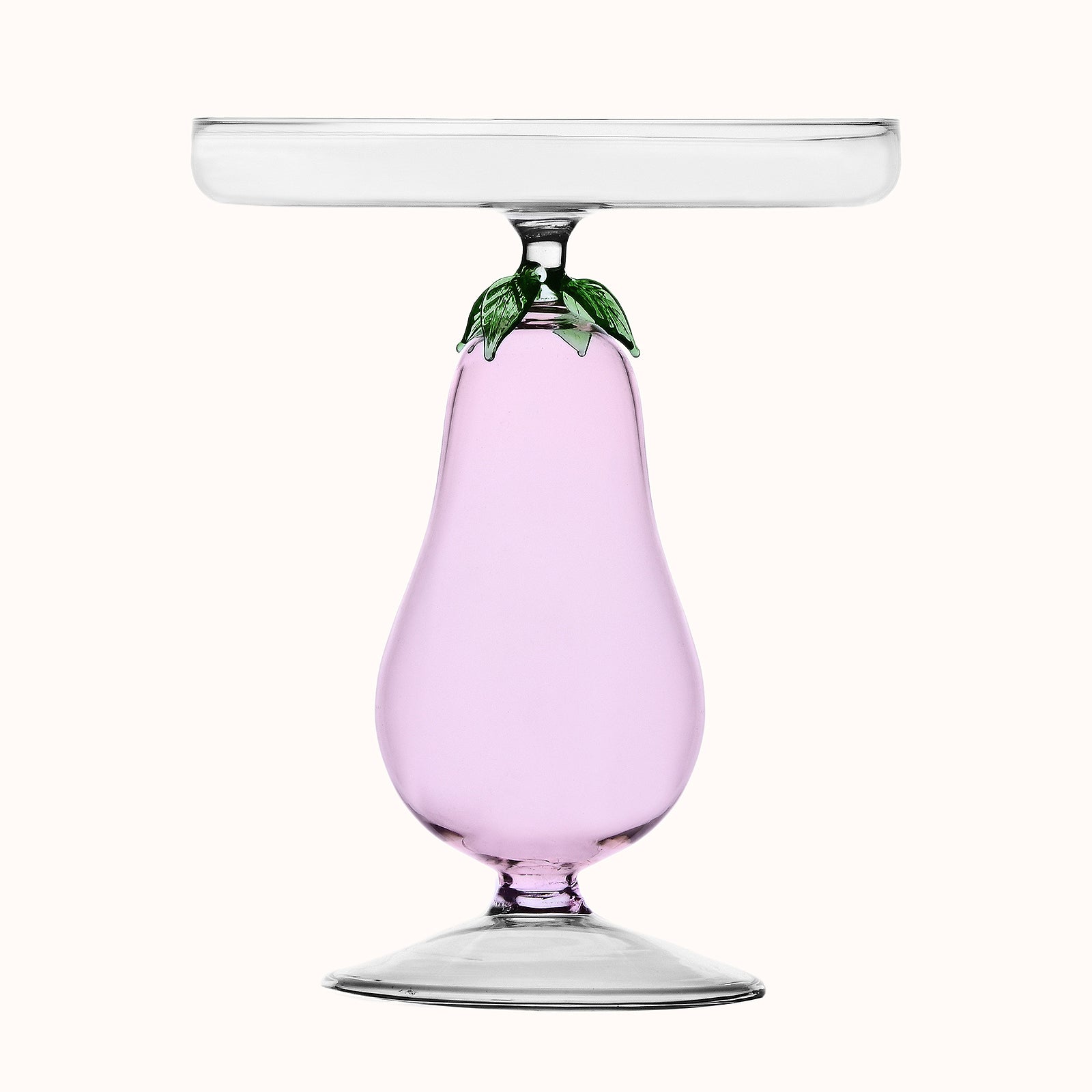 Decorative Eggplant Footed Glass Plate with a pinkish-purple glass base and clear top, from Ichendorf Milano’s whimsical Vegetables collection—available at Wildschut Antiques.