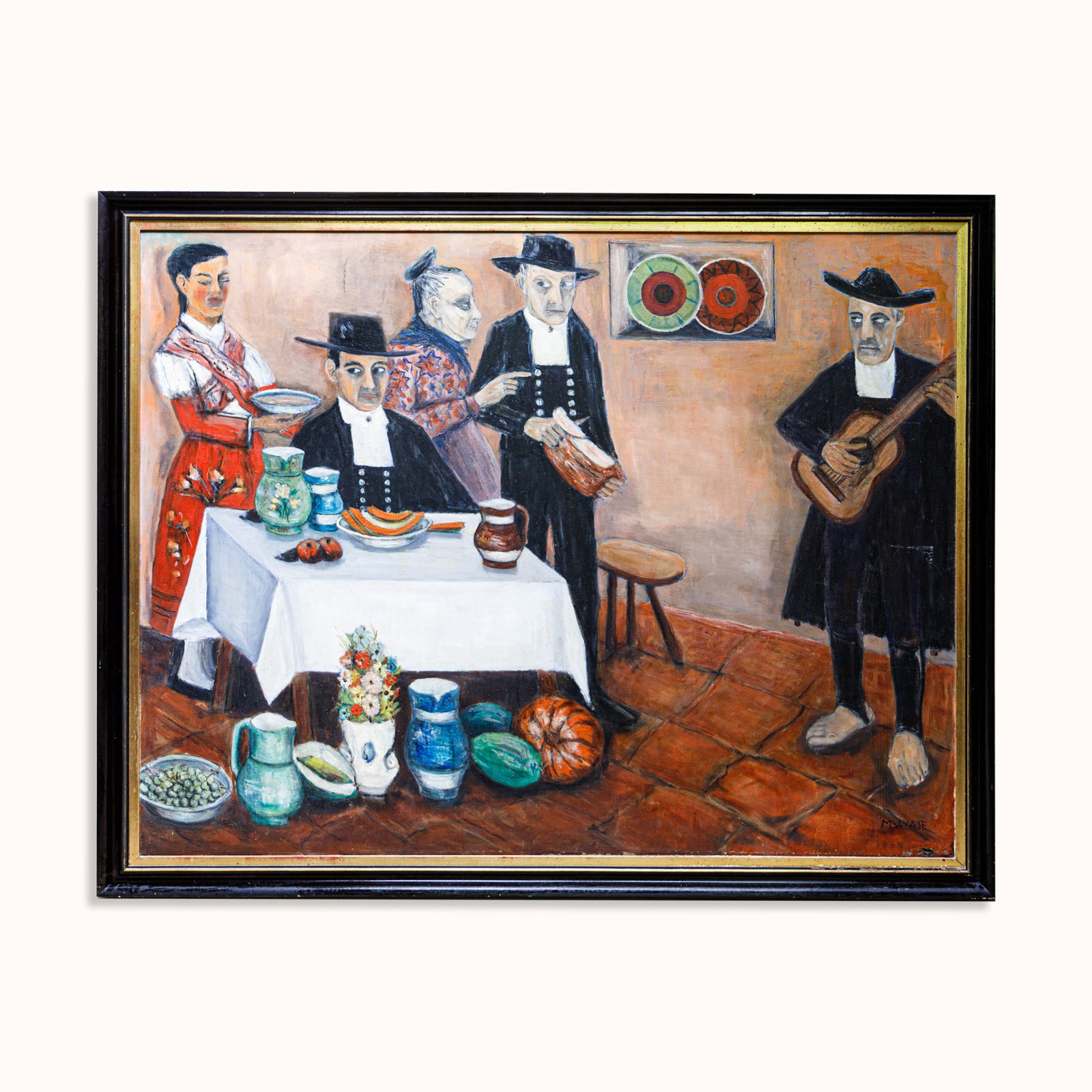 Vintage Naive Dinner Scene Oil Painting