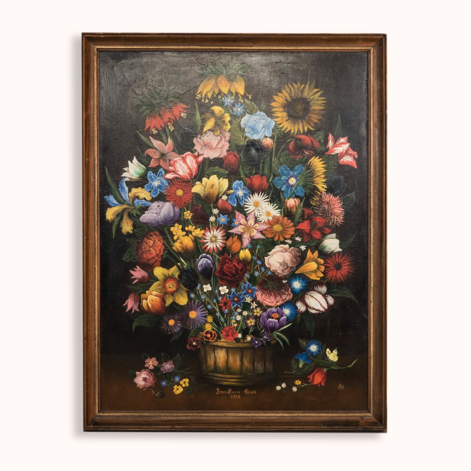 1970s vintage French oil painting of a floral arrangement, vibrant and detailed with tiny insects like bees and snails. Presented in a brown wooden frame, set against a clean background. Available at Wildschut Antiques.