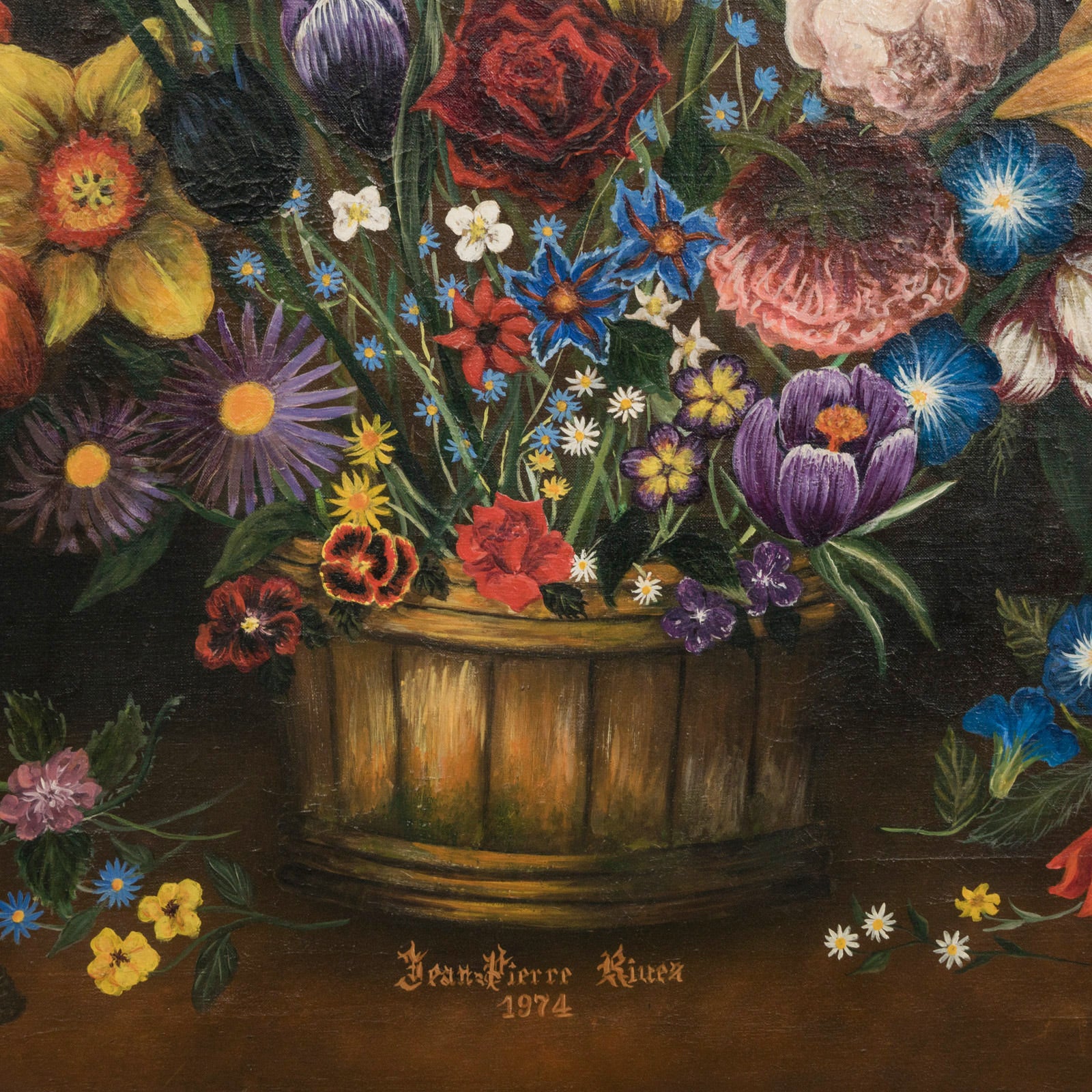 Close-up of a 1970s vintage French oil painting of a floral arrangement, vibrant and detailed with tiny insects like bees and snails.