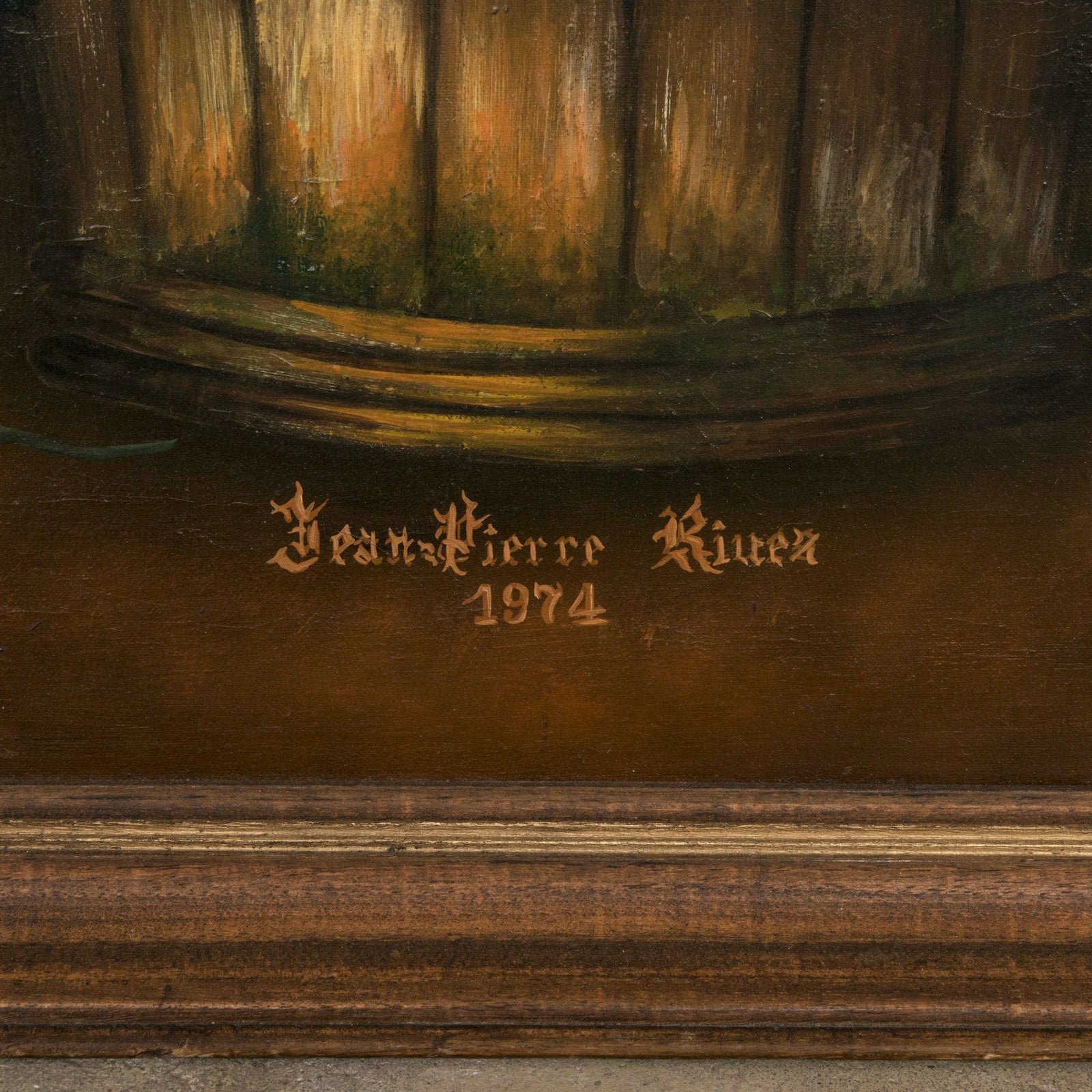 Close-up of a 1970s vintage French oil painting of a floral arrangement, signed by the artist Jean Pierre River and dated 1974.