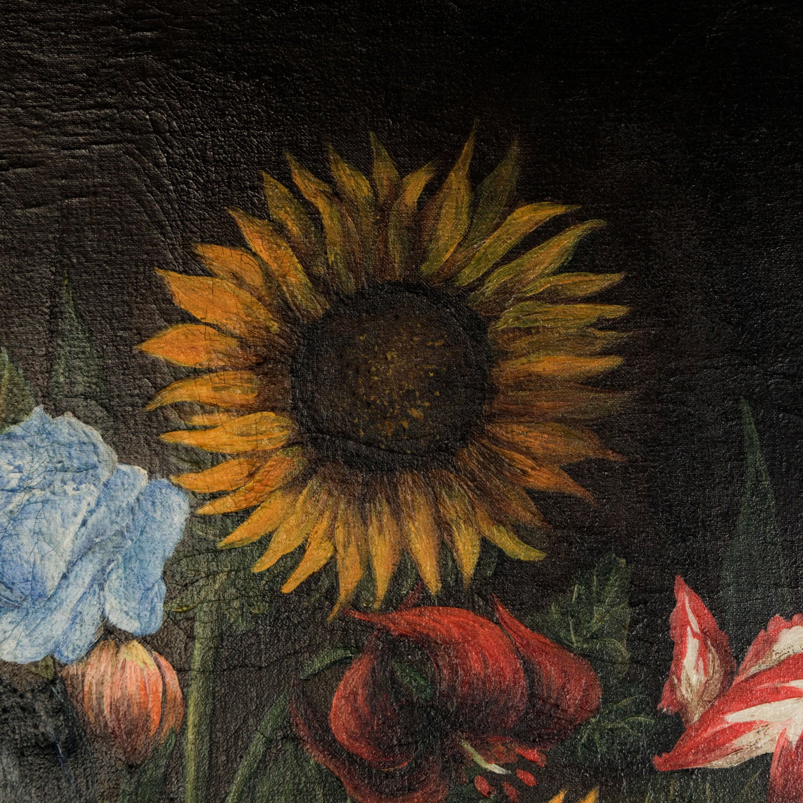 Close-up of a 1970s vintage French oil painting of a floral arrangement, vibrant and detailed with tiny insects like bees and snails.