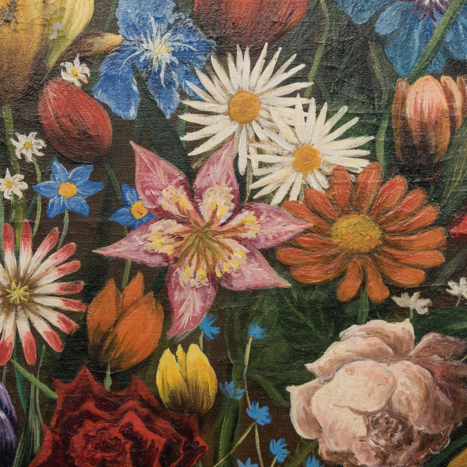 Close-up of a 1970s vintage French oil painting of a floral arrangement, vibrant and detailed with tiny insects like bees and snails.